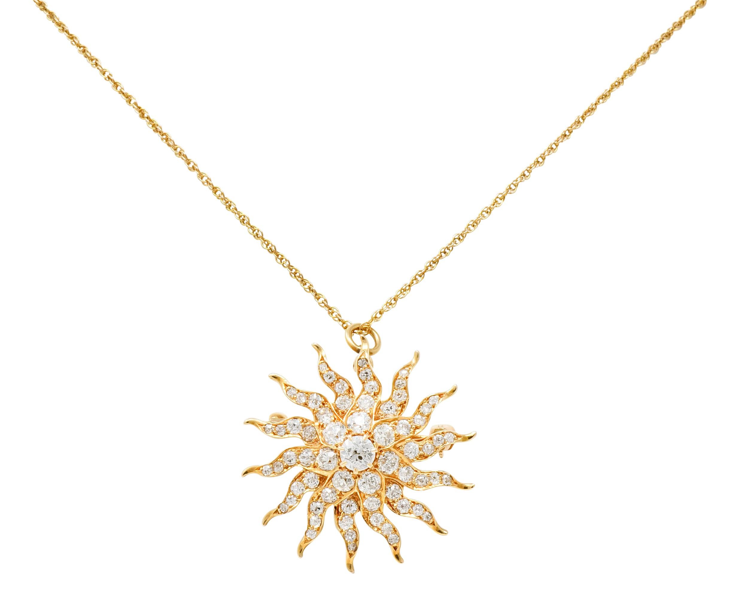 Old European Cut Edwardian 3.10 Carat Diamond 14 Karat Gold Radiant Sunburst Pendant Necklace