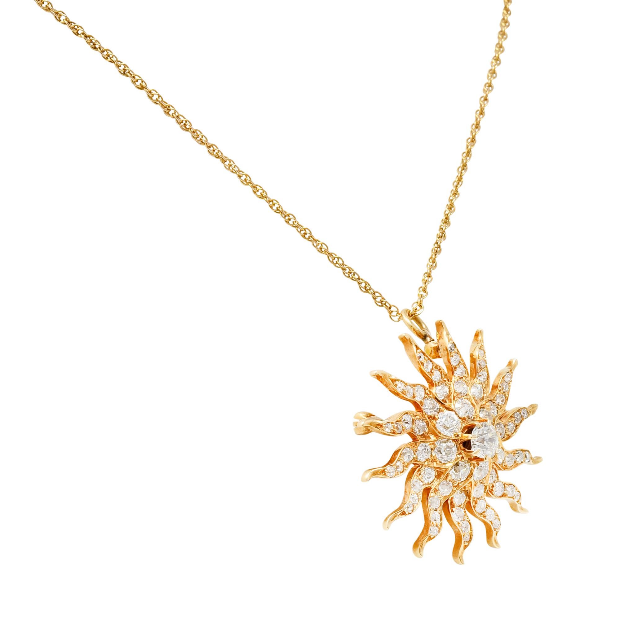 Edwardian 3.10 Carat Diamond 14 Karat Gold Radiant Sunburst Pendant Necklace In Excellent Condition In Philadelphia, PA