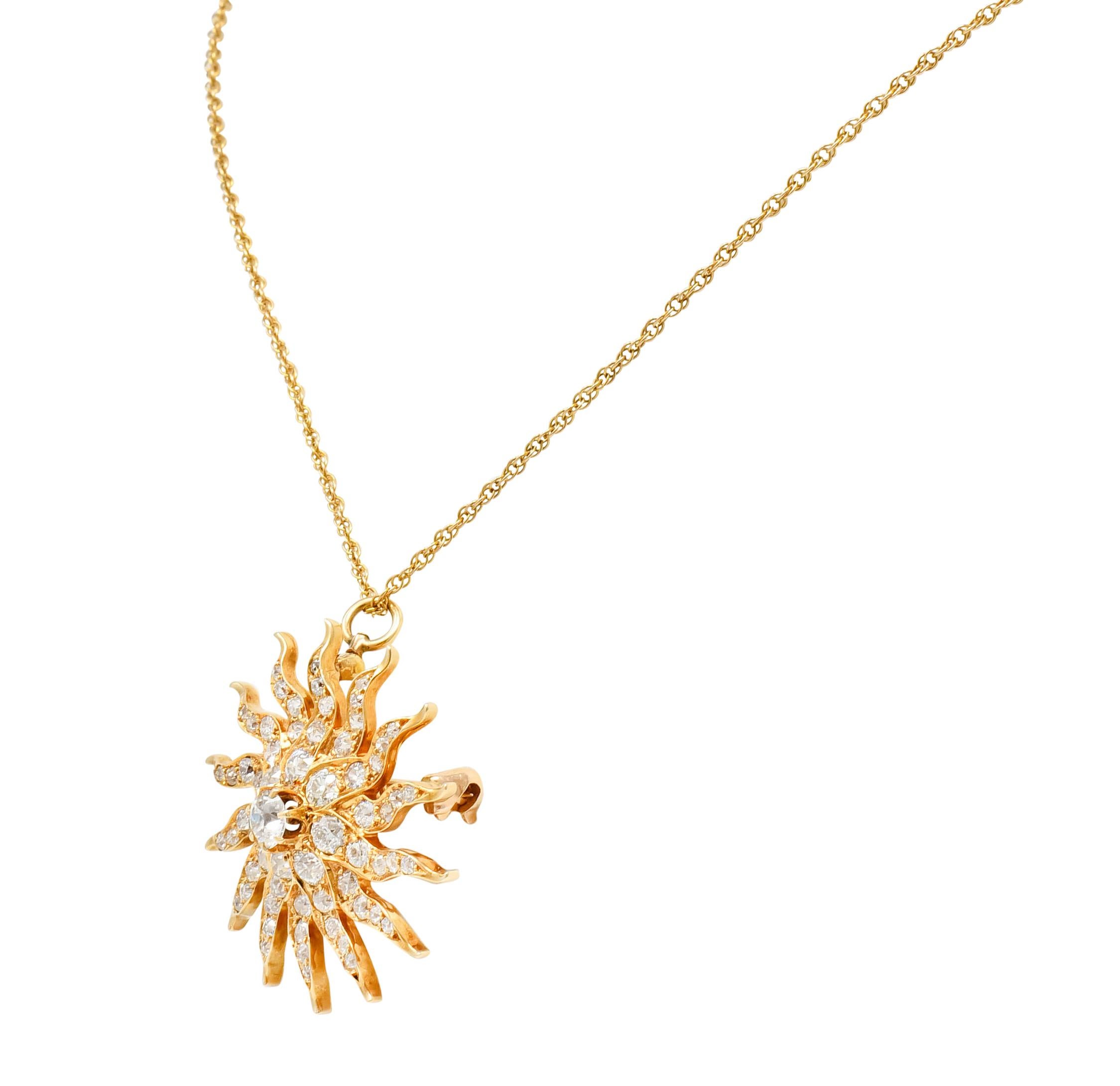 Women's or Men's Edwardian 3.10 Carat Diamond 14 Karat Gold Radiant Sunburst Pendant Necklace