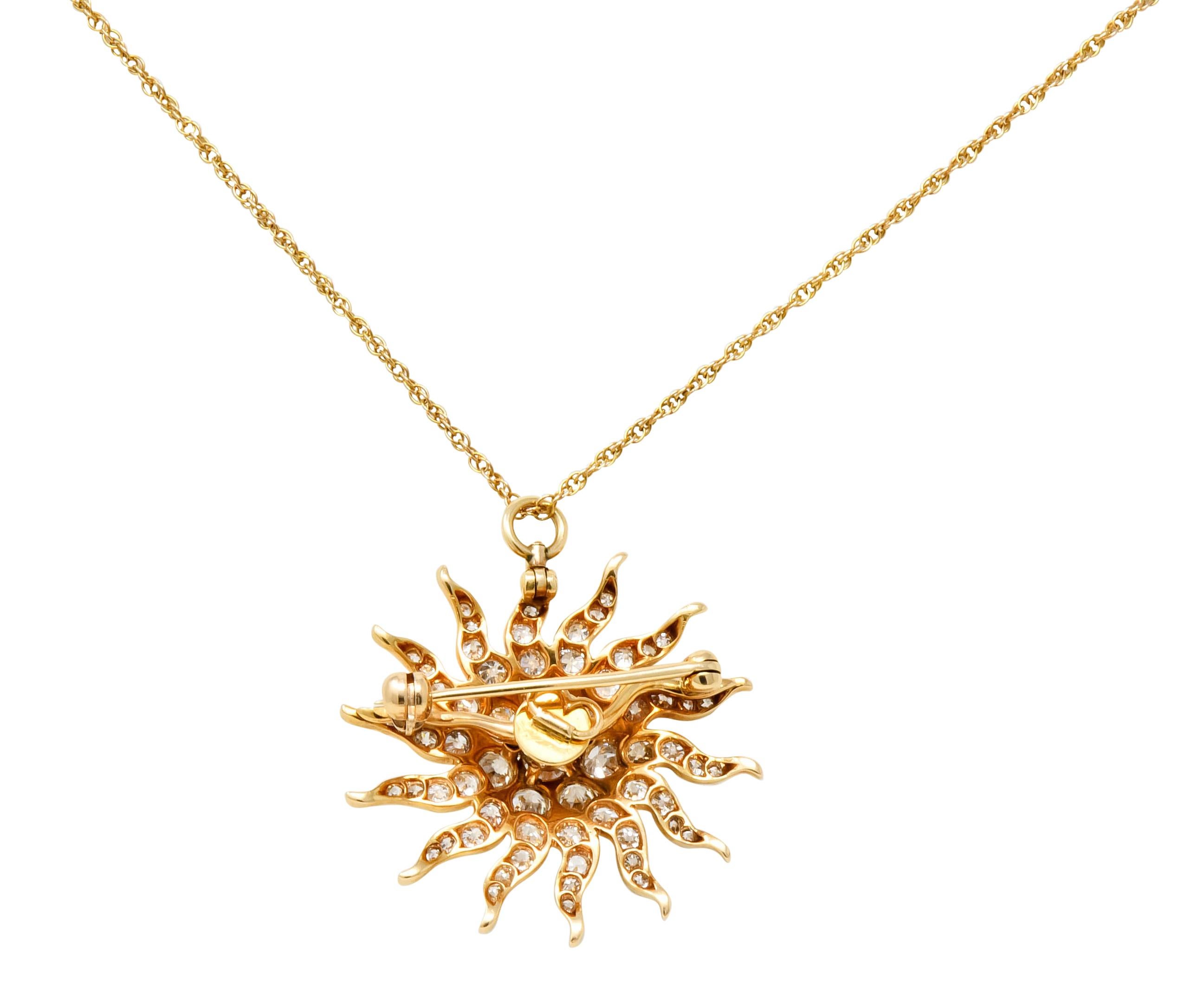 Edwardian 3.10 Carat Diamond 14 Karat Gold Radiant Sunburst Pendant Necklace 3