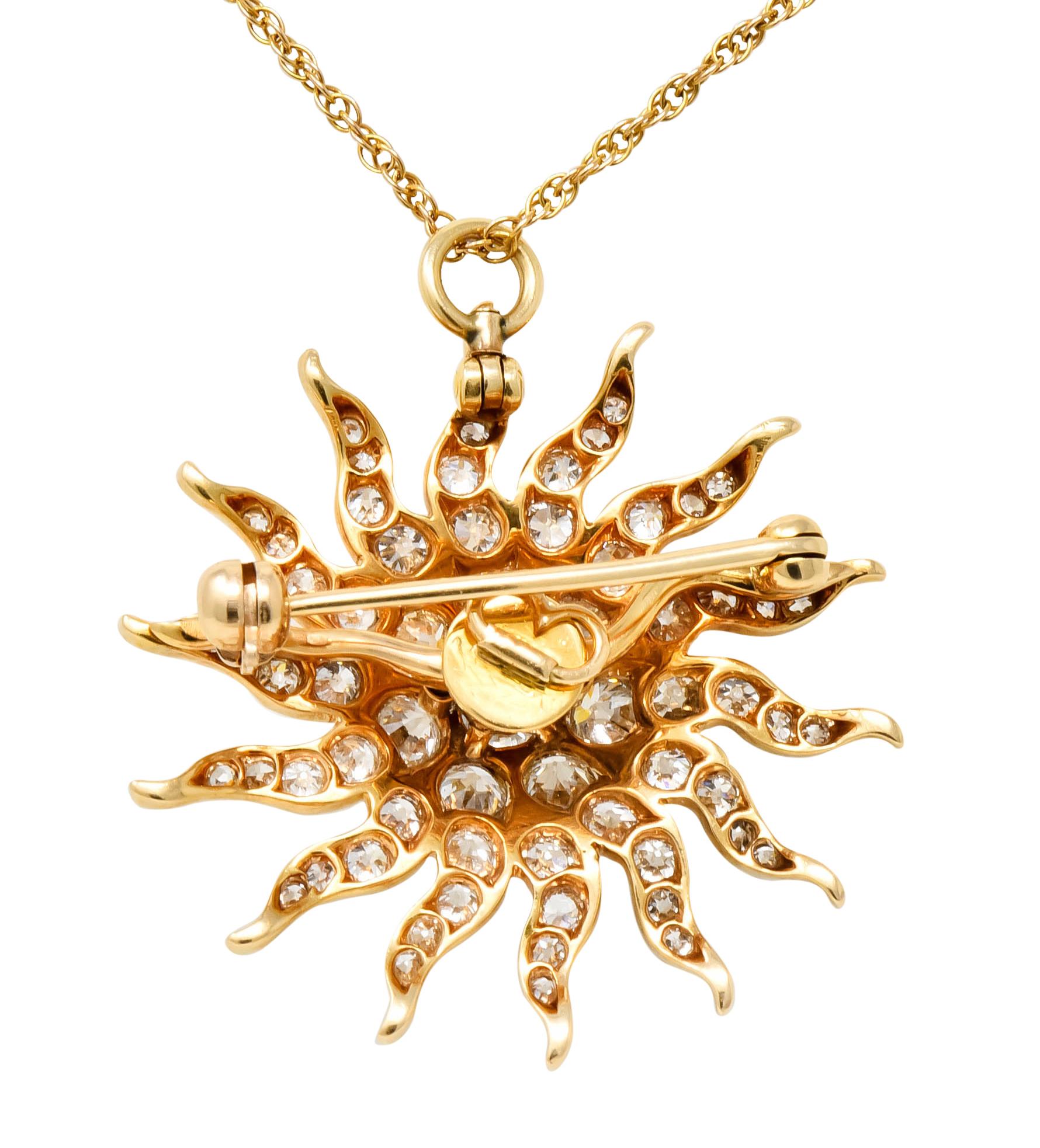 Edwardian 3.10 Carat Diamond 14 Karat Gold Radiant Sunburst Pendant Necklace 4