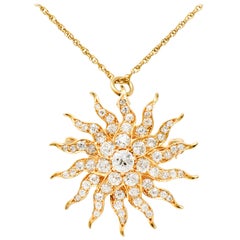 Edwardian 3.10 Carat Diamond 14 Karat Gold Radiant Sunburst Pendant Necklace