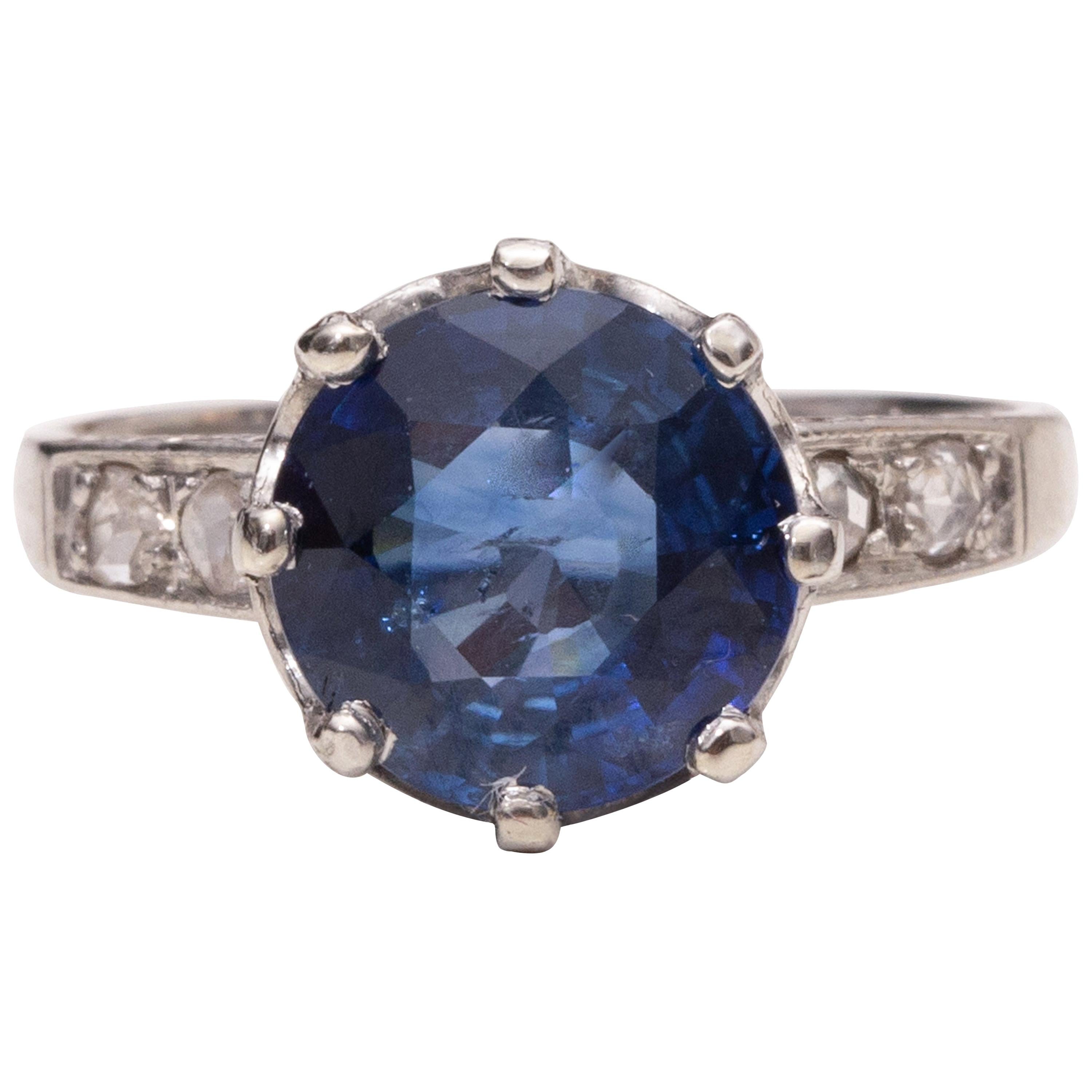 Edwardian 3.15 Carat Ceylon Blue Sapphire in Platinum Rose Cut Diamond Ring