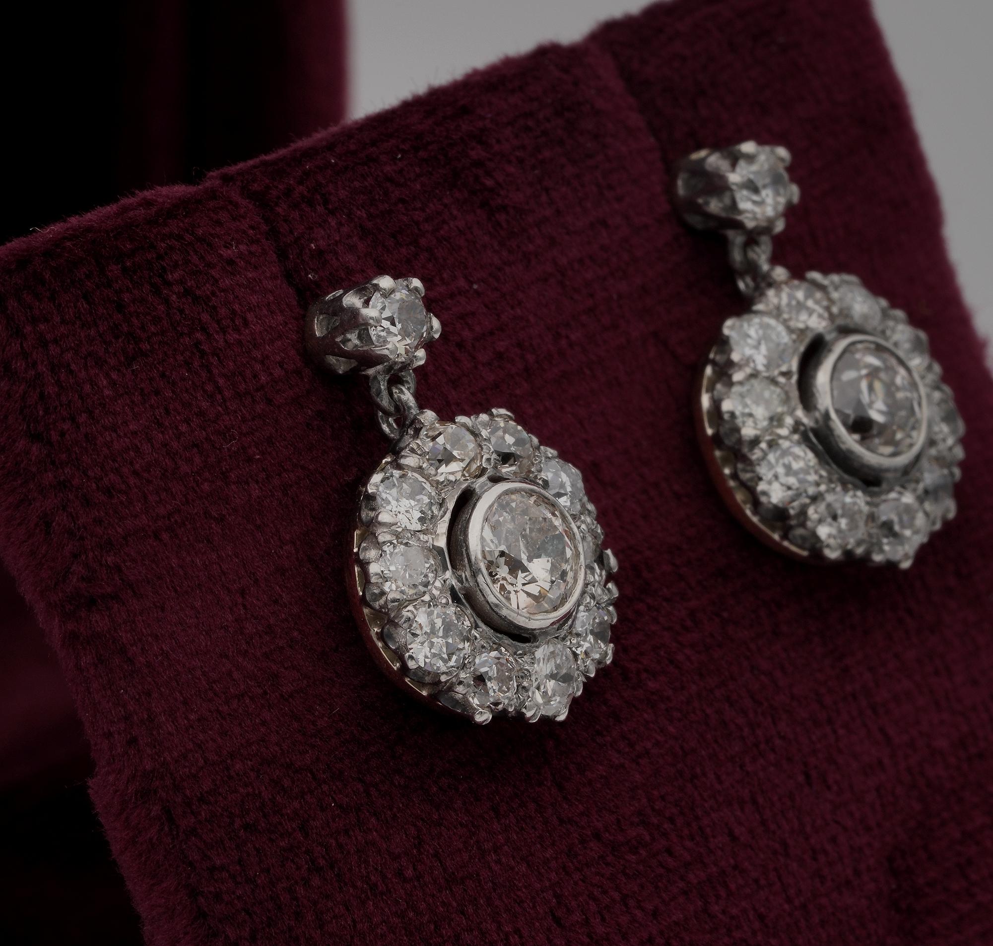 Women's Edwardian 3.20 Carat Old European Cut Diamond Cluster Earrings