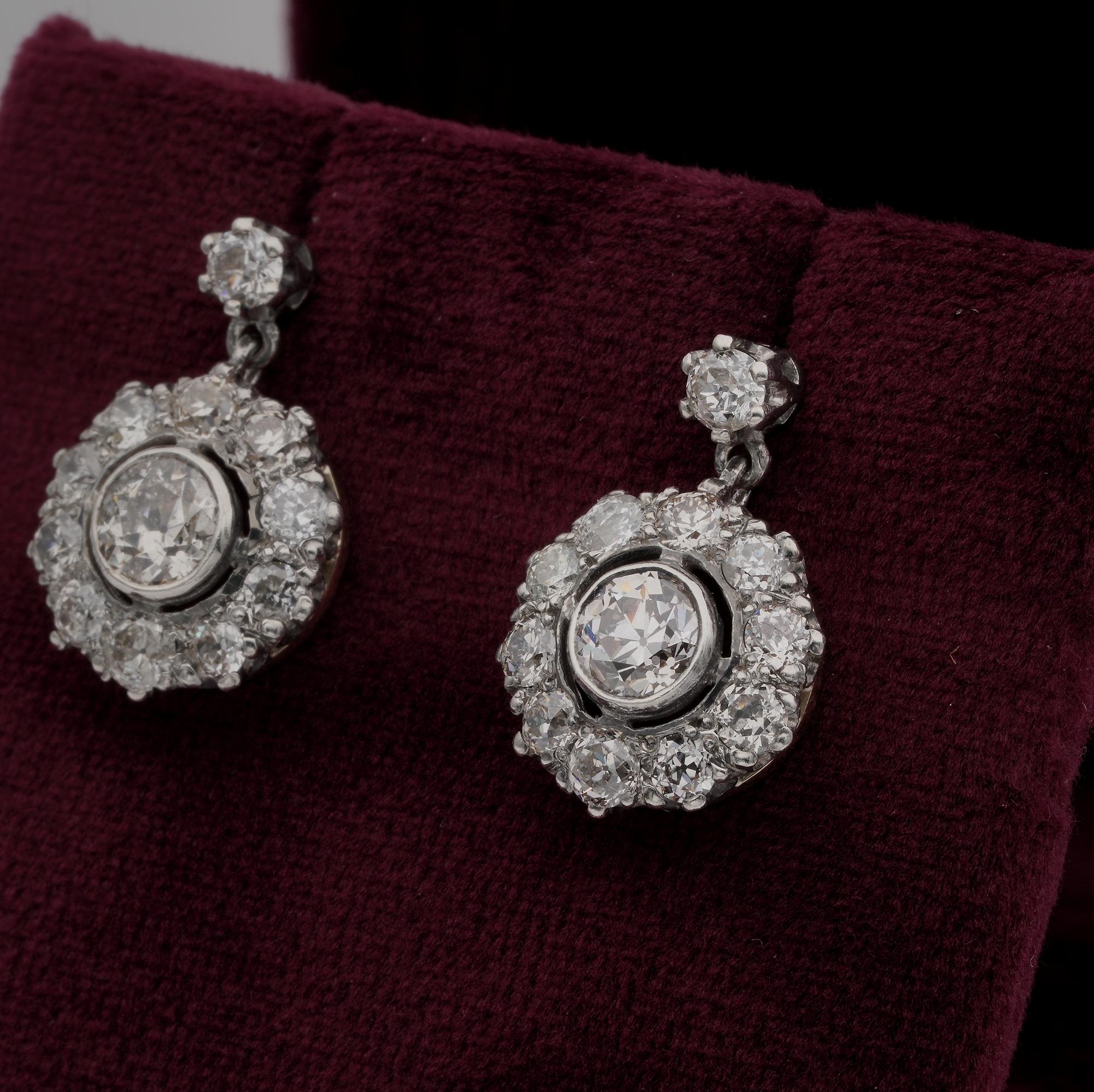 Edwardian 3.20 Carat Old European Cut Diamond Cluster Earrings 2