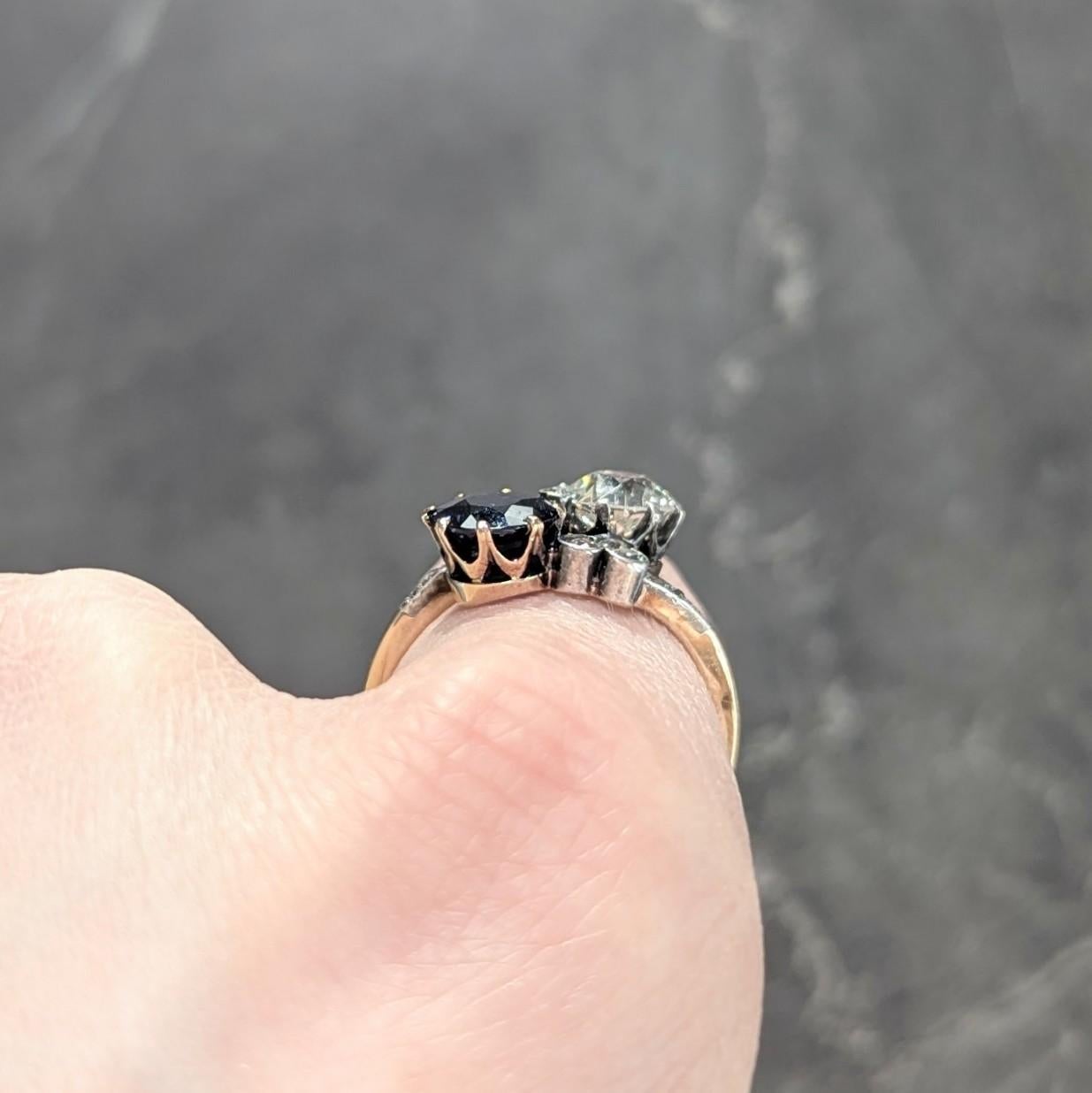 Anillo Eduardiano 3.20 CTW Zafiro Diamante Plata Oro 14K Antiguo Toi et Moi GIA en venta 6