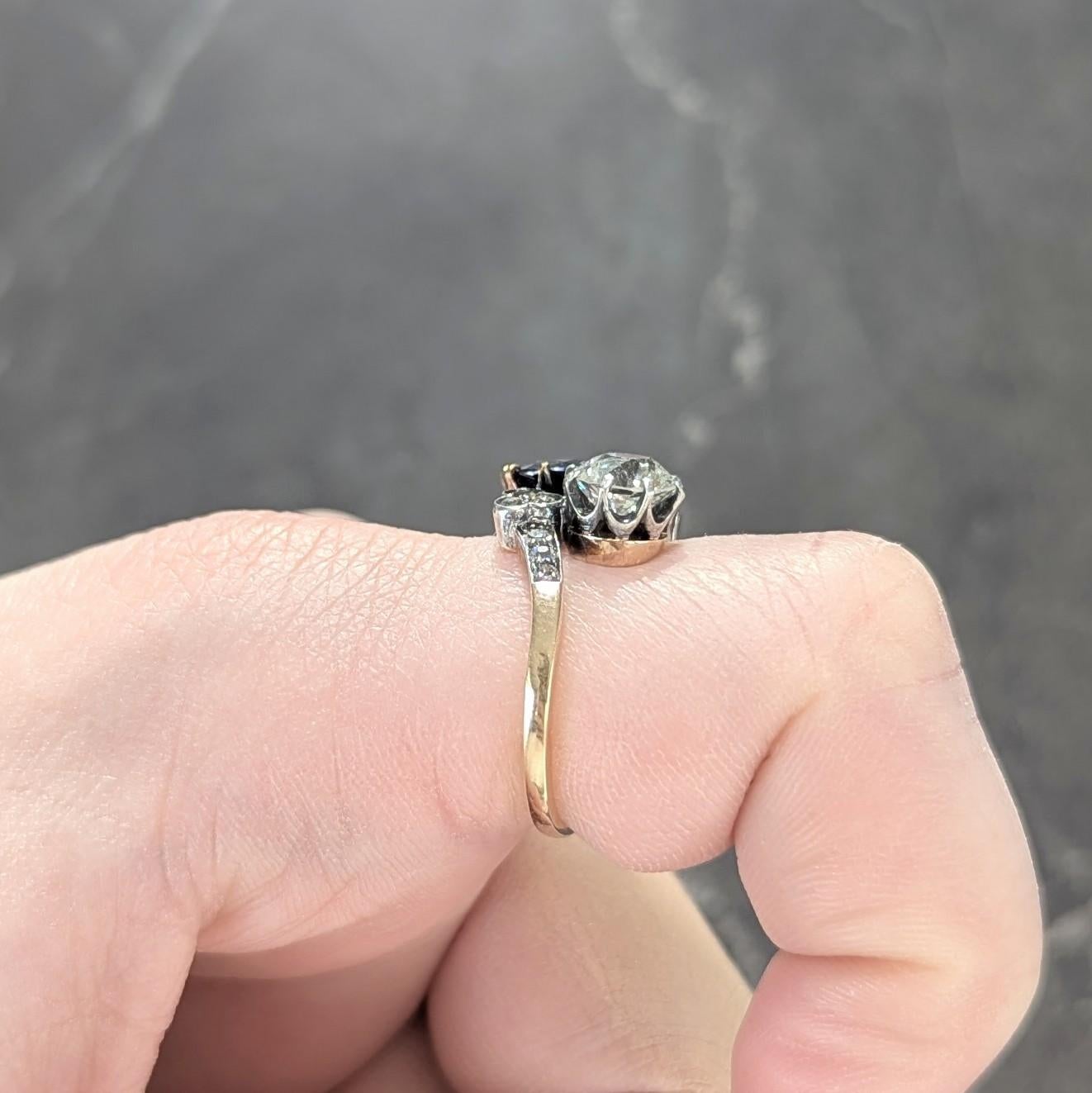 Anillo Eduardiano 3.20 CTW Zafiro Diamante Plata Oro 14K Antiguo Toi et Moi GIA en venta 7