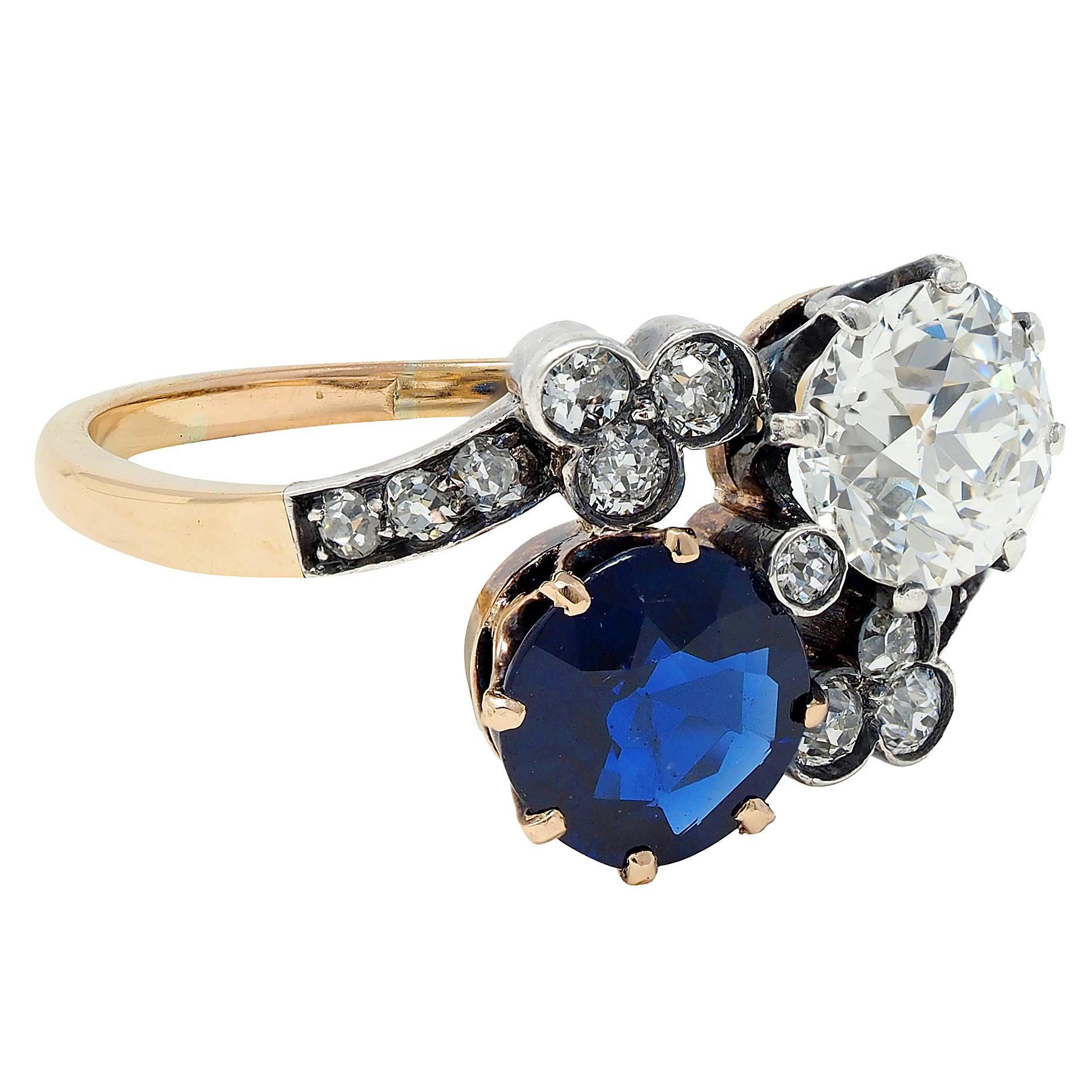Anillo Eduardiano 3.20 CTW Zafiro Diamante Plata Oro 14K Antiguo Toi et Moi GIA Corte redondo en venta
