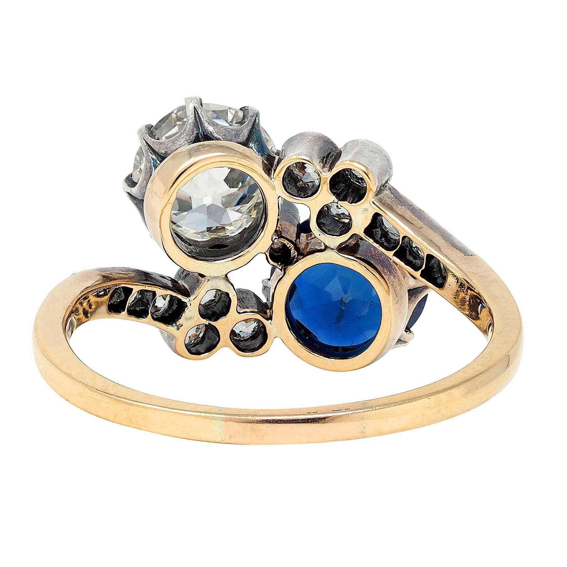 Femenino o masculino Anillo Eduardiano 3.20 CTW Zafiro Diamante Plata Oro 14K Antiguo Toi et Moi GIA en venta