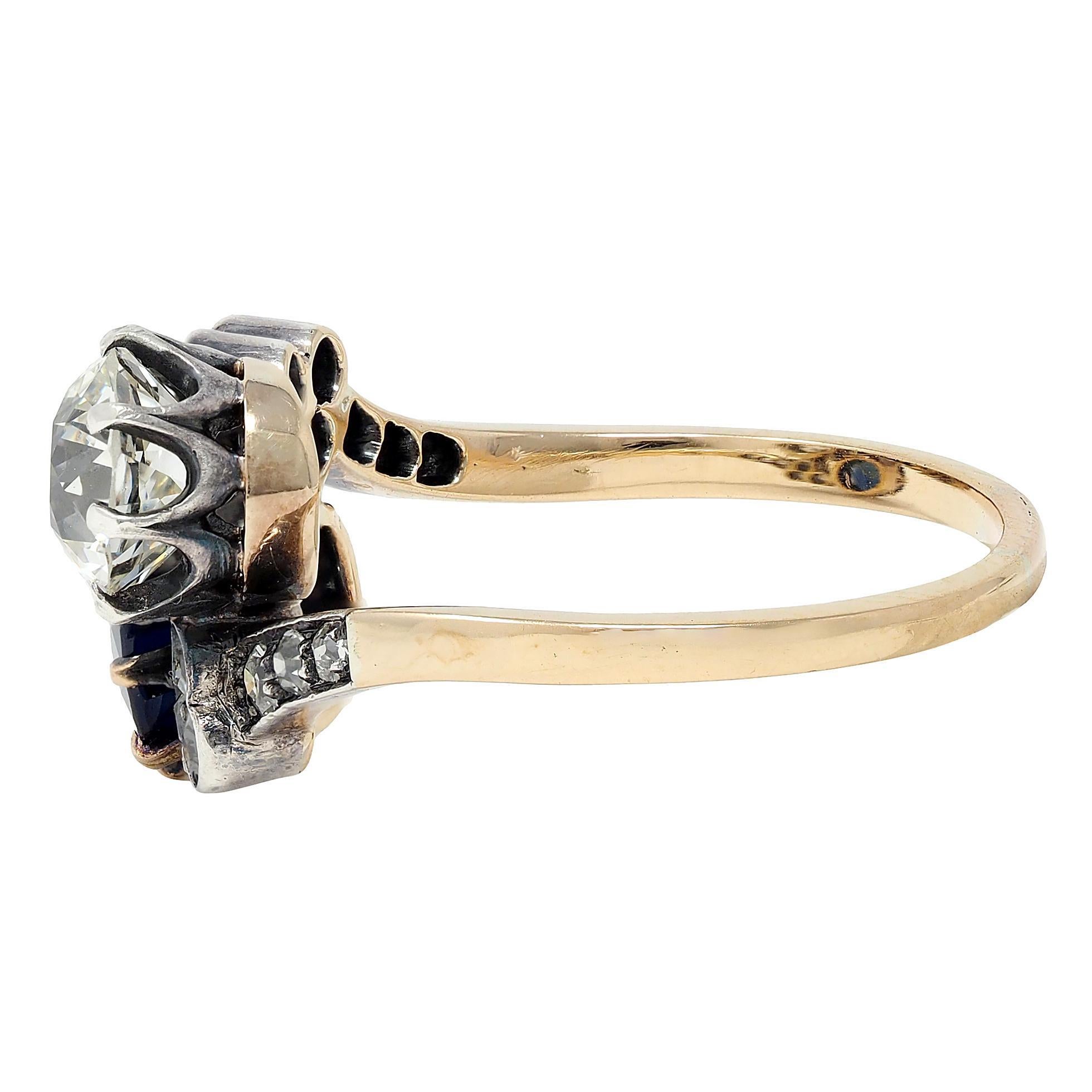 Anillo Eduardiano 3.20 CTW Zafiro Diamante Plata Oro 14K Antiguo Toi et Moi GIA en venta 1