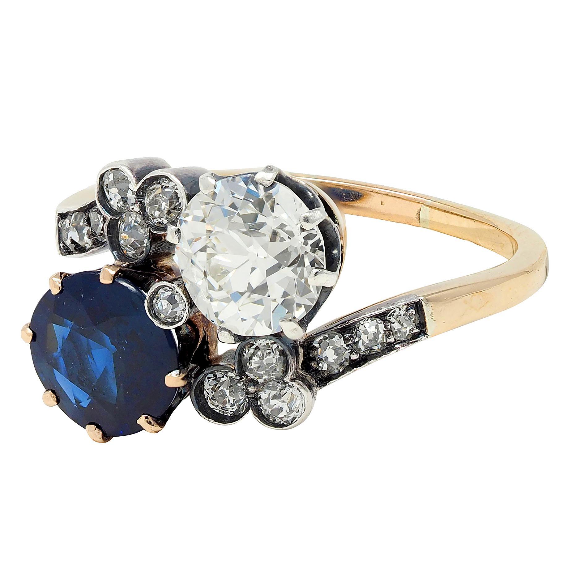 Anillo Eduardiano 3.20 CTW Zafiro Diamante Plata Oro 14K Antiguo Toi et Moi GIA en venta 2