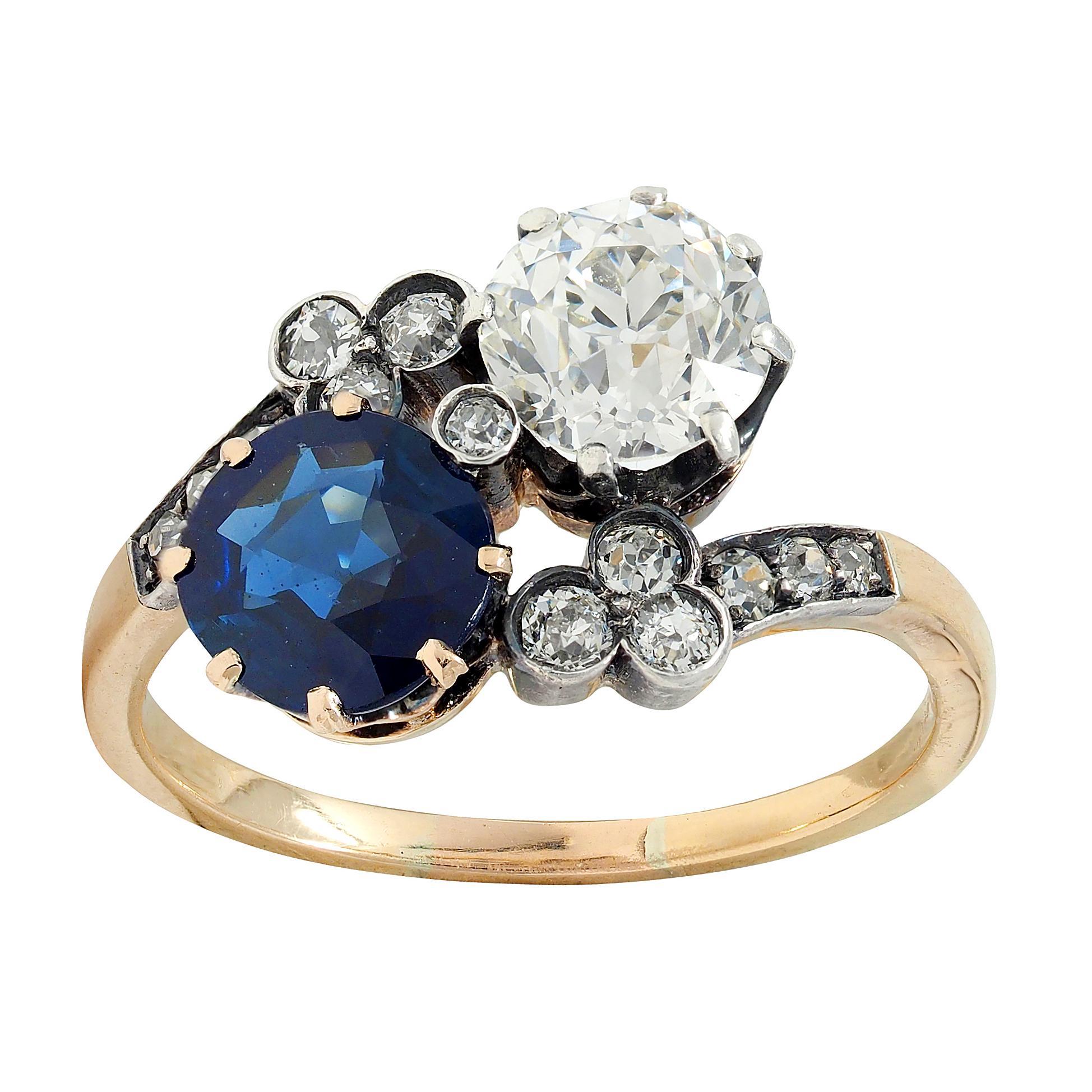 Anillo Eduardiano 3.20 CTW Zafiro Diamante Plata Oro 14K Antiguo Toi et Moi GIA en venta 3