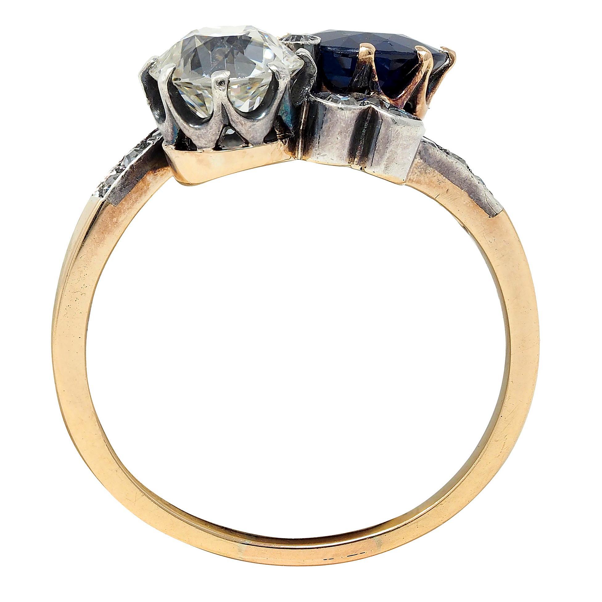 Anillo Eduardiano 3.20 CTW Zafiro Diamante Plata Oro 14K Antiguo Toi et Moi GIA en venta 4