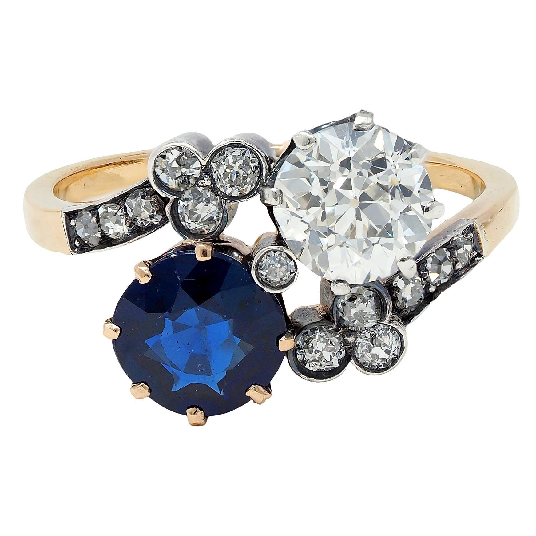 Anillo Eduardiano 3.20 CTW Zafiro Diamante Plata Oro 14K Antiguo Toi et Moi GIA en venta