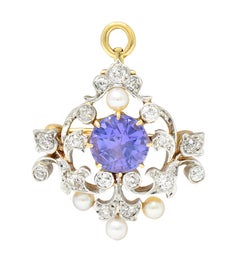 Edwardian 3.23 Carat Sapphire Diamond Pearl Platinum-Topped 14 Karat Gold Brooch