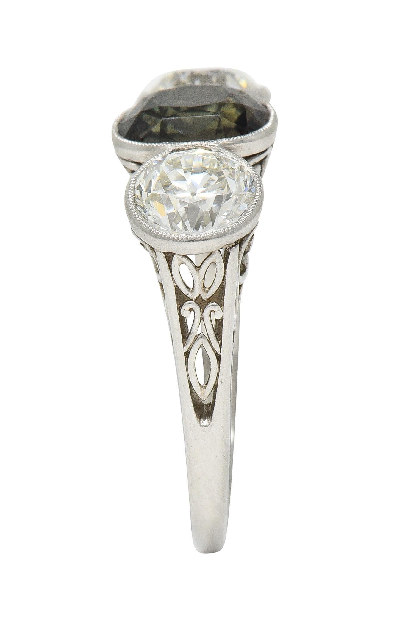 Edwardian 3.30 CTW Alexandrite Diamond Platinum Scrolling Three Stone Ring GIA For Sale 5