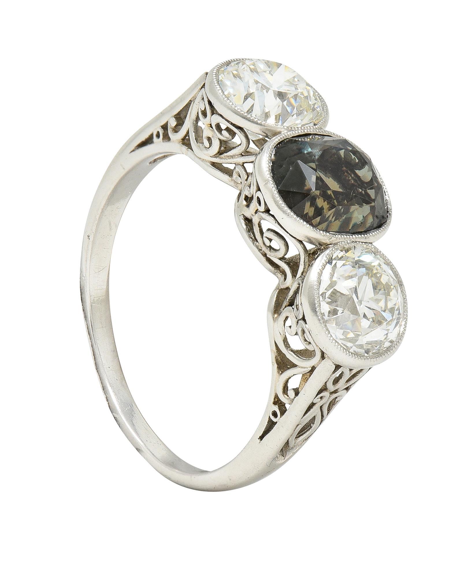 Edwardian 3.30 CTW Alexandrite Diamond Platinum Scrolling Three Stone Ring GIA For Sale 6
