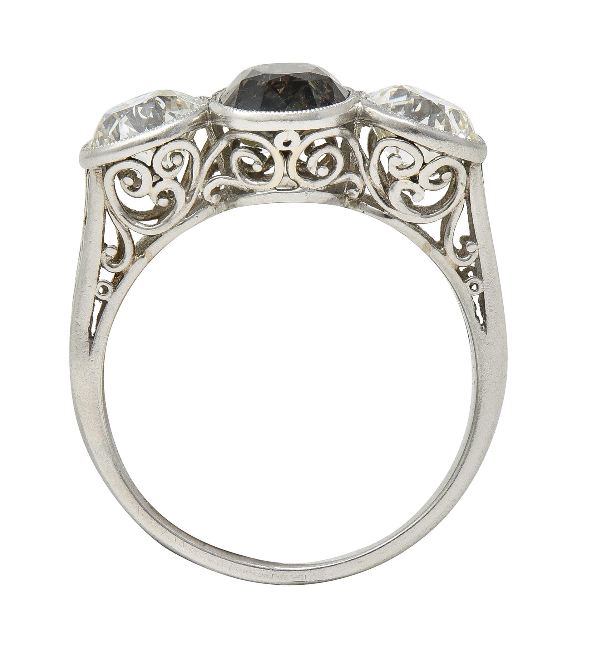 Edwardian 3.30 CTW Alexandrite Diamond Platinum Scrolling Three Stone Ring GIA For Sale 4