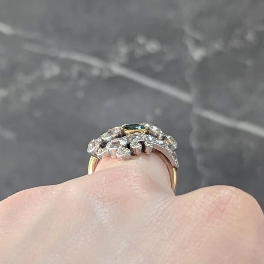 Edwardian 3.35 Emerald Diamond Platinum 18K Gold Antique Navette Bypass Ring For Sale 5