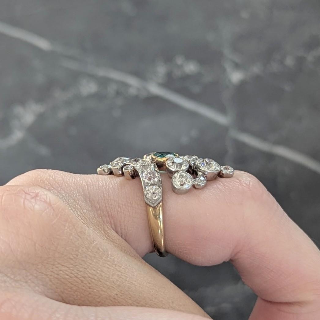 Edwardian 3.35 Emerald Diamond Platinum 18K Gold Antique Navette Bypass Ring For Sale 6