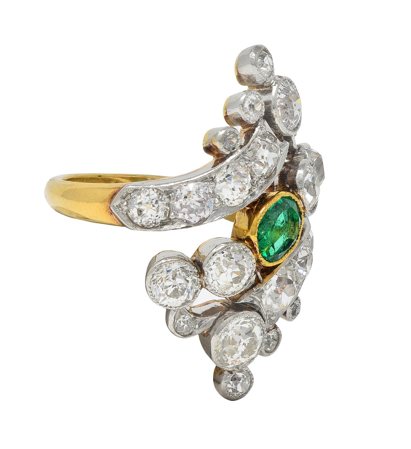 Cushion Cut Edwardian 3.35 Emerald Diamond Platinum 18K Gold Antique Navette Bypass Ring For Sale