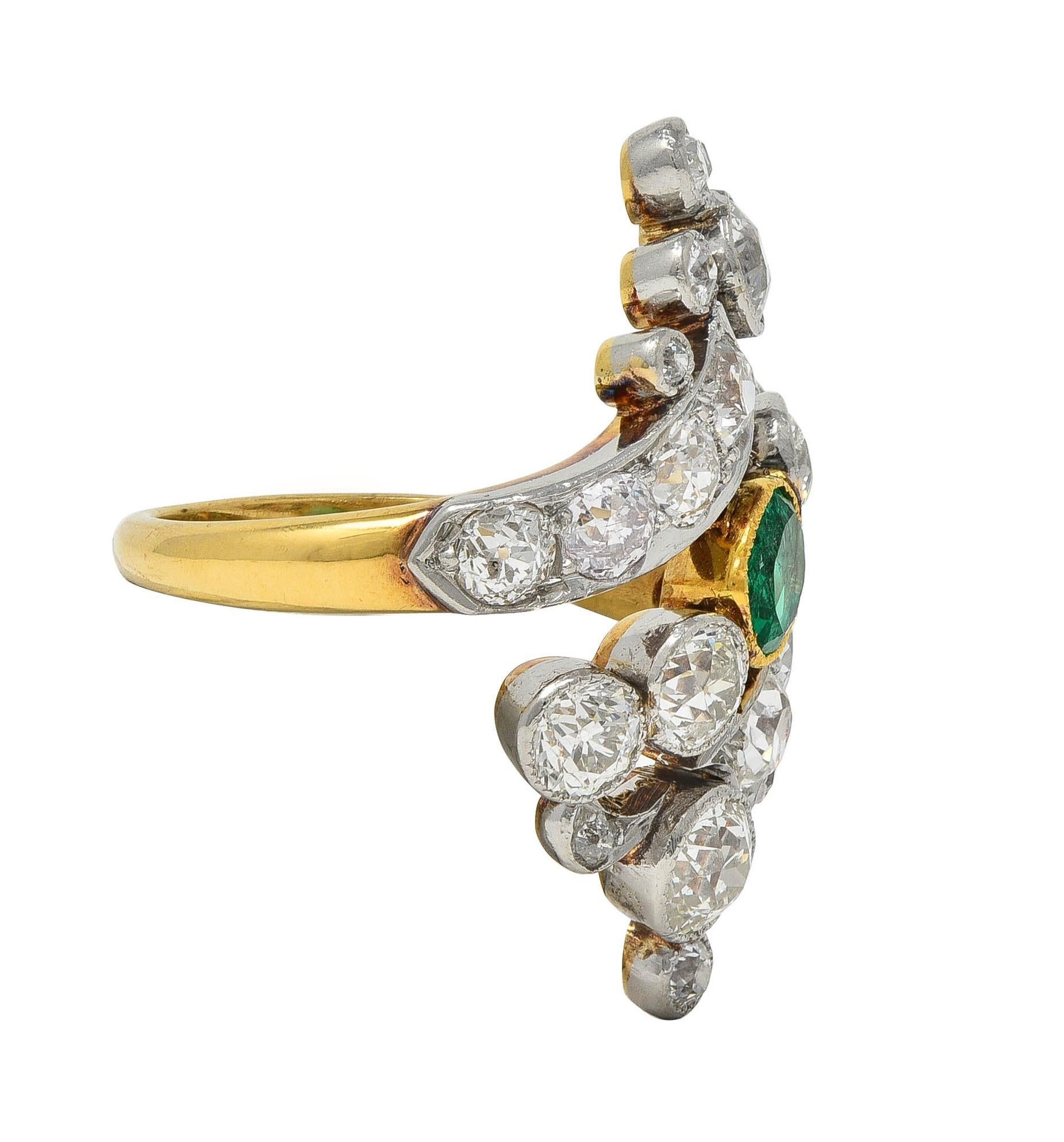 Edwardian 3.35 Emerald Diamond Platinum 18K Gold Antique Navette Bypass Ring In Excellent Condition For Sale In Philadelphia, PA