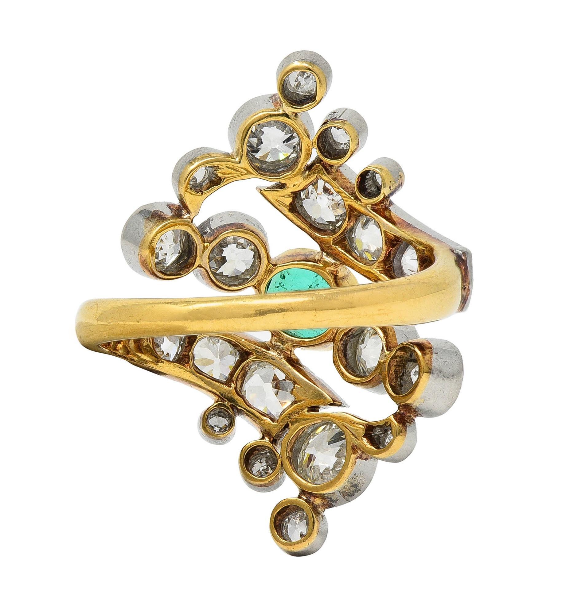Women's or Men's Edwardian 3.35 Emerald Diamond Platinum 18K Gold Antique Navette Bypass Ring For Sale