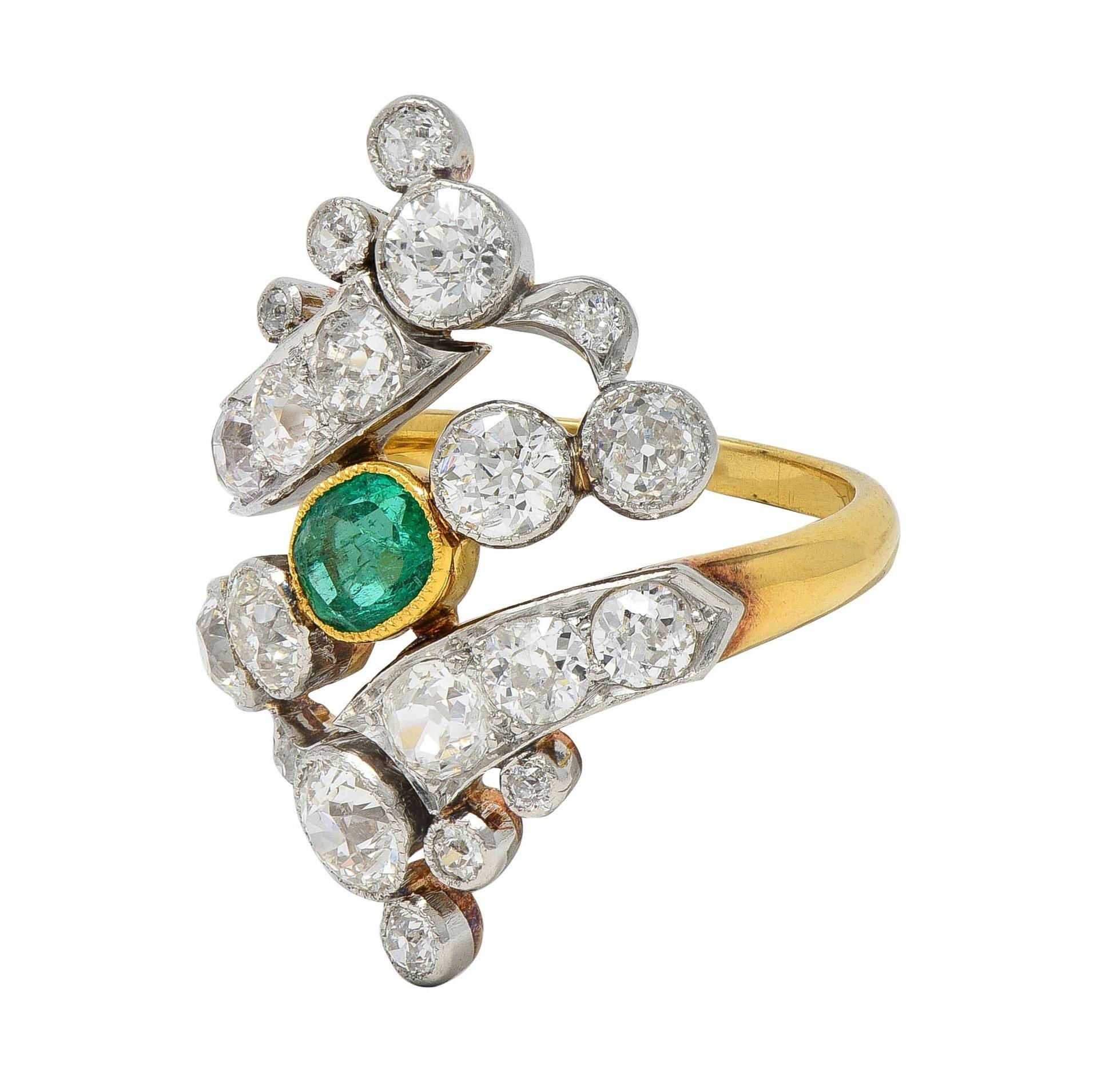 Edwardian 3.35 Emerald Diamond Platinum 18K Gold Antique Navette Bypass Ring For Sale 1