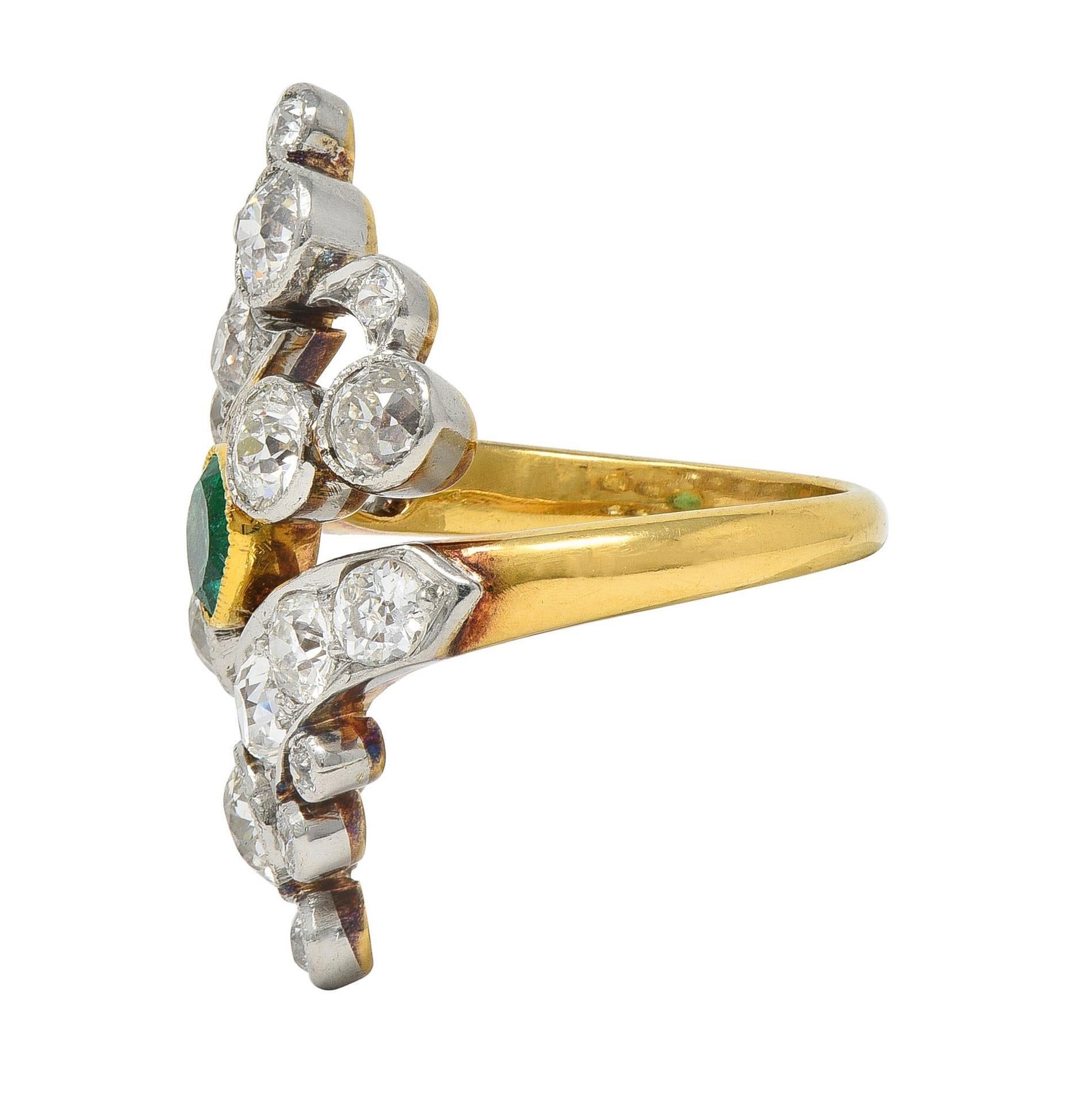 Edwardian 3.35 Emerald Diamond Platinum 18K Gold Antique Navette Bypass Ring For Sale 2