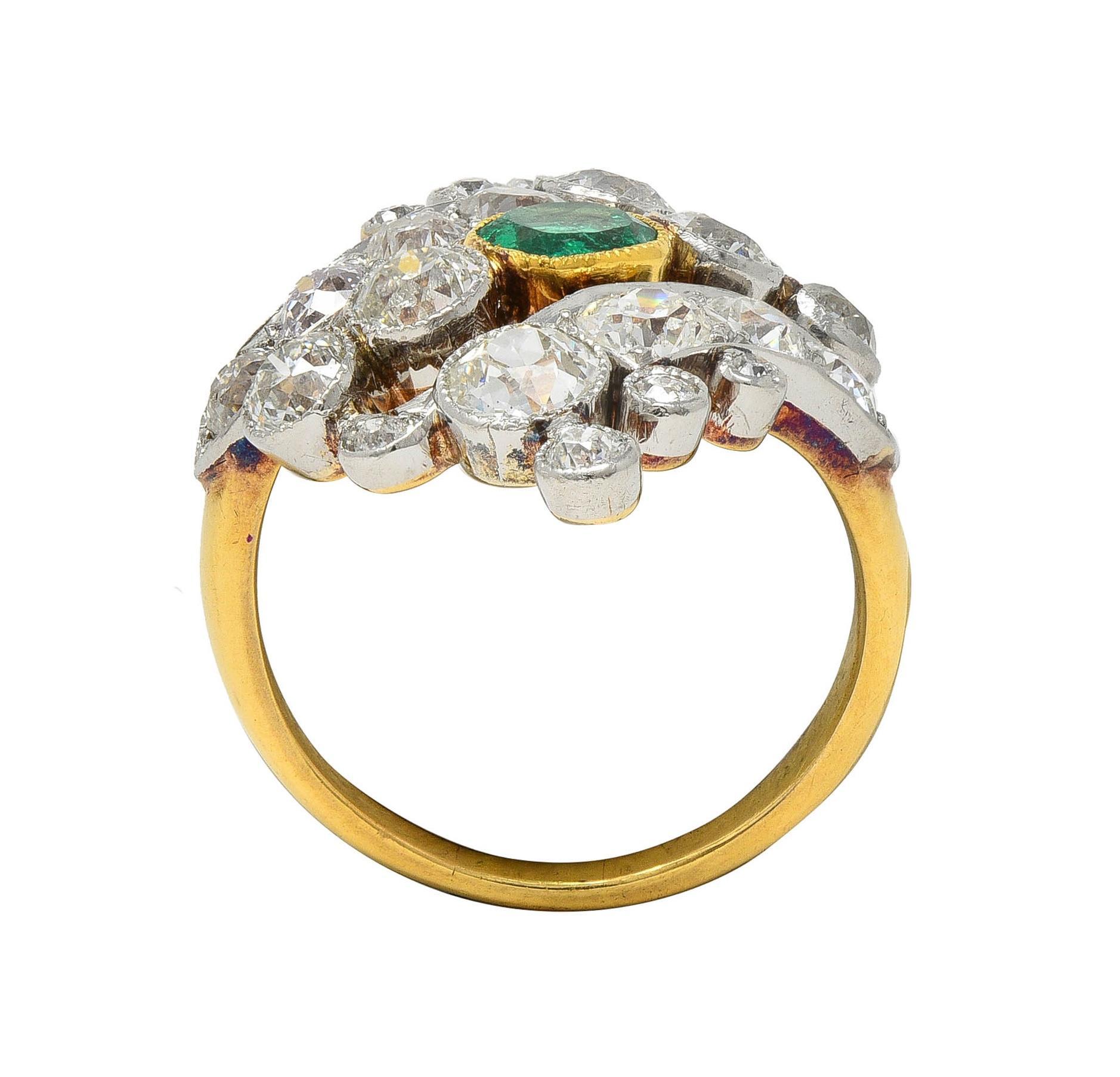 Edwardian 3.35 Emerald Diamond Platinum 18K Gold Antique Navette Bypass Ring For Sale 3