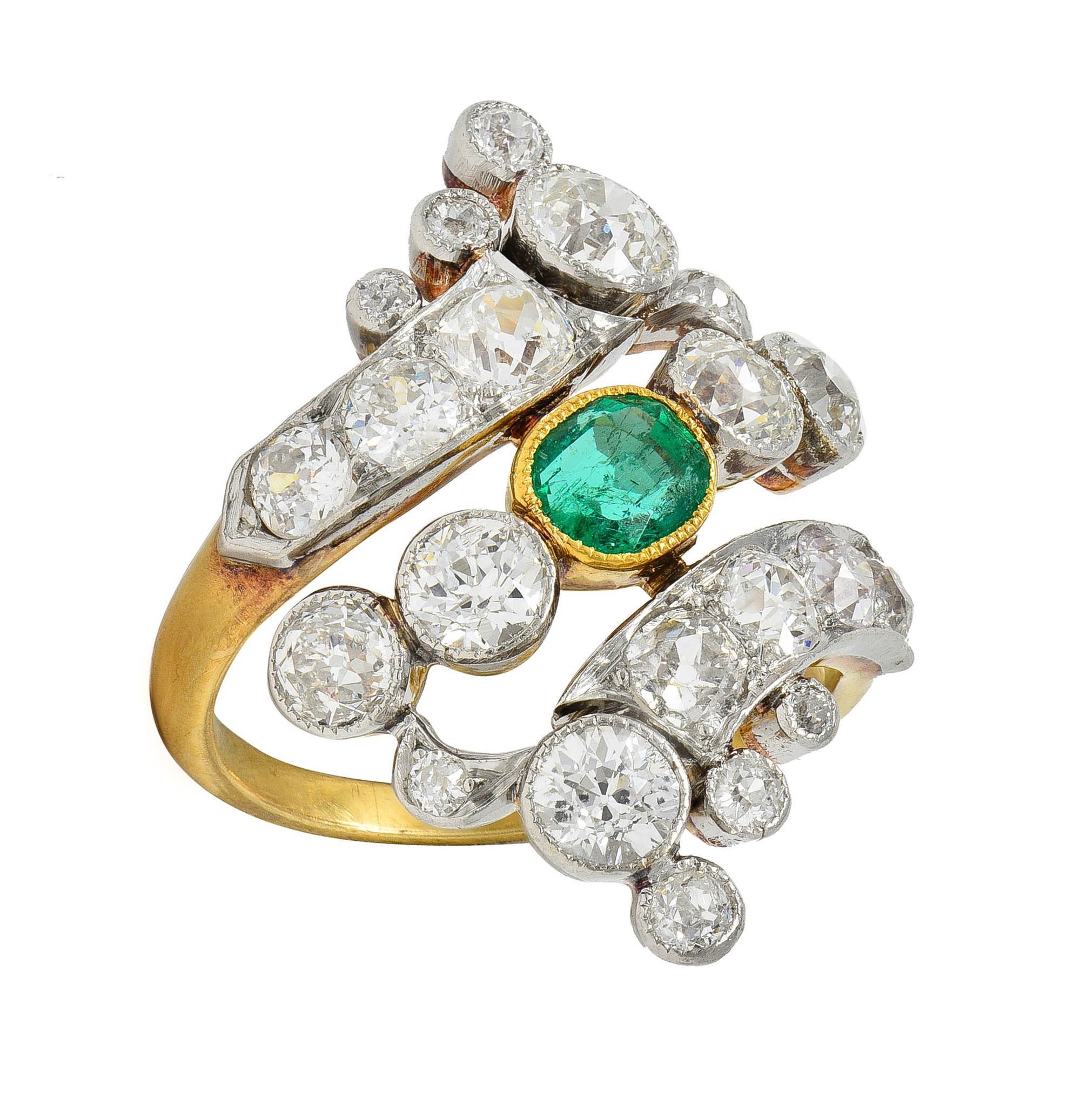 Edwardian 3.35 Emerald Diamond Platinum 18K Gold Antique Navette Bypass Ring For Sale 4