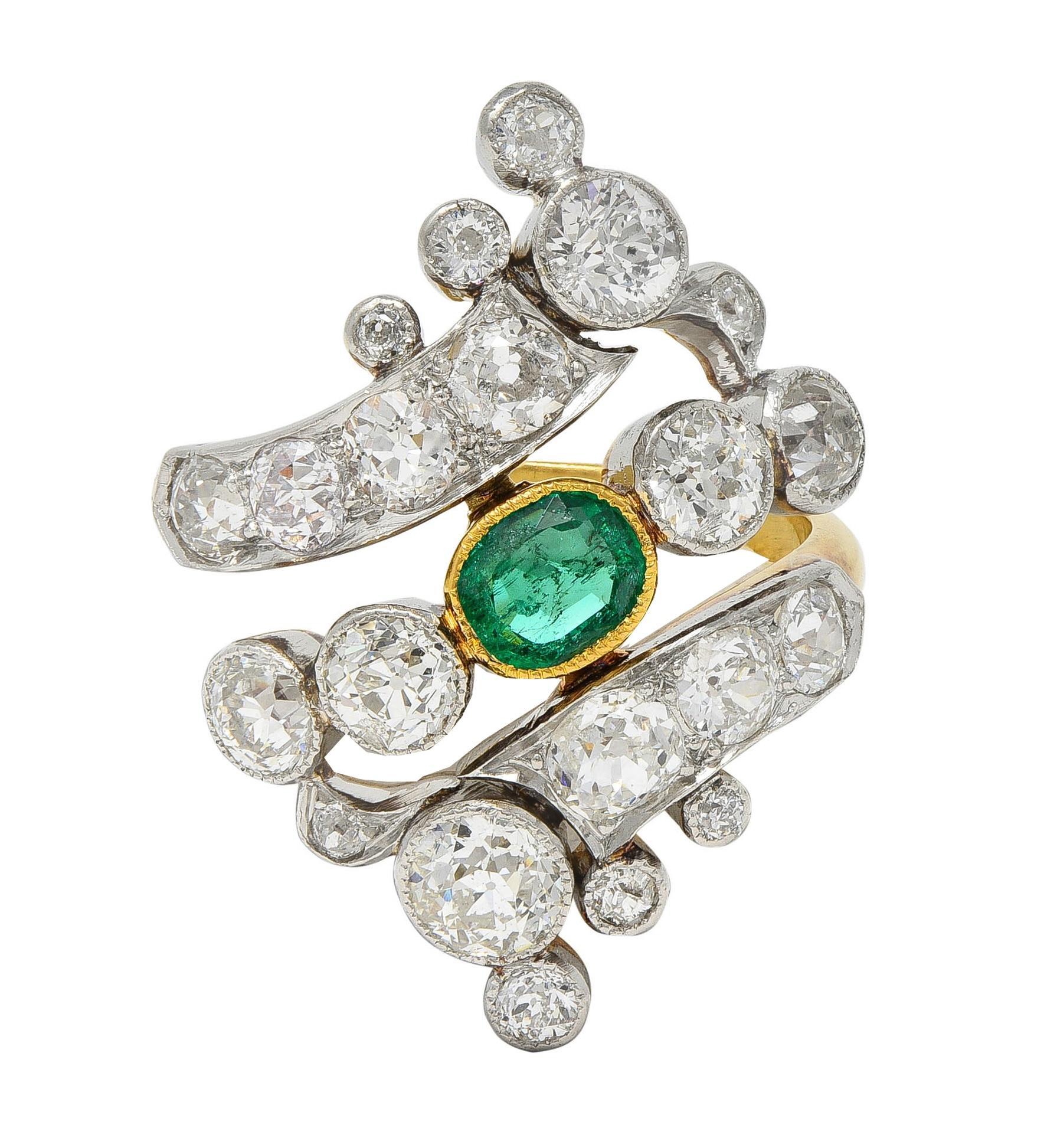Edwardian 3.35 Emerald Diamond Platinum 18K Gold Antique Navette Bypass Ring