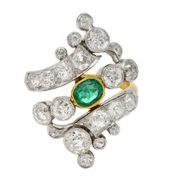 Bague bypass édouardienne ancienne Navette en or 18 carats, platine, diamants et émeraude de 3,35 carats