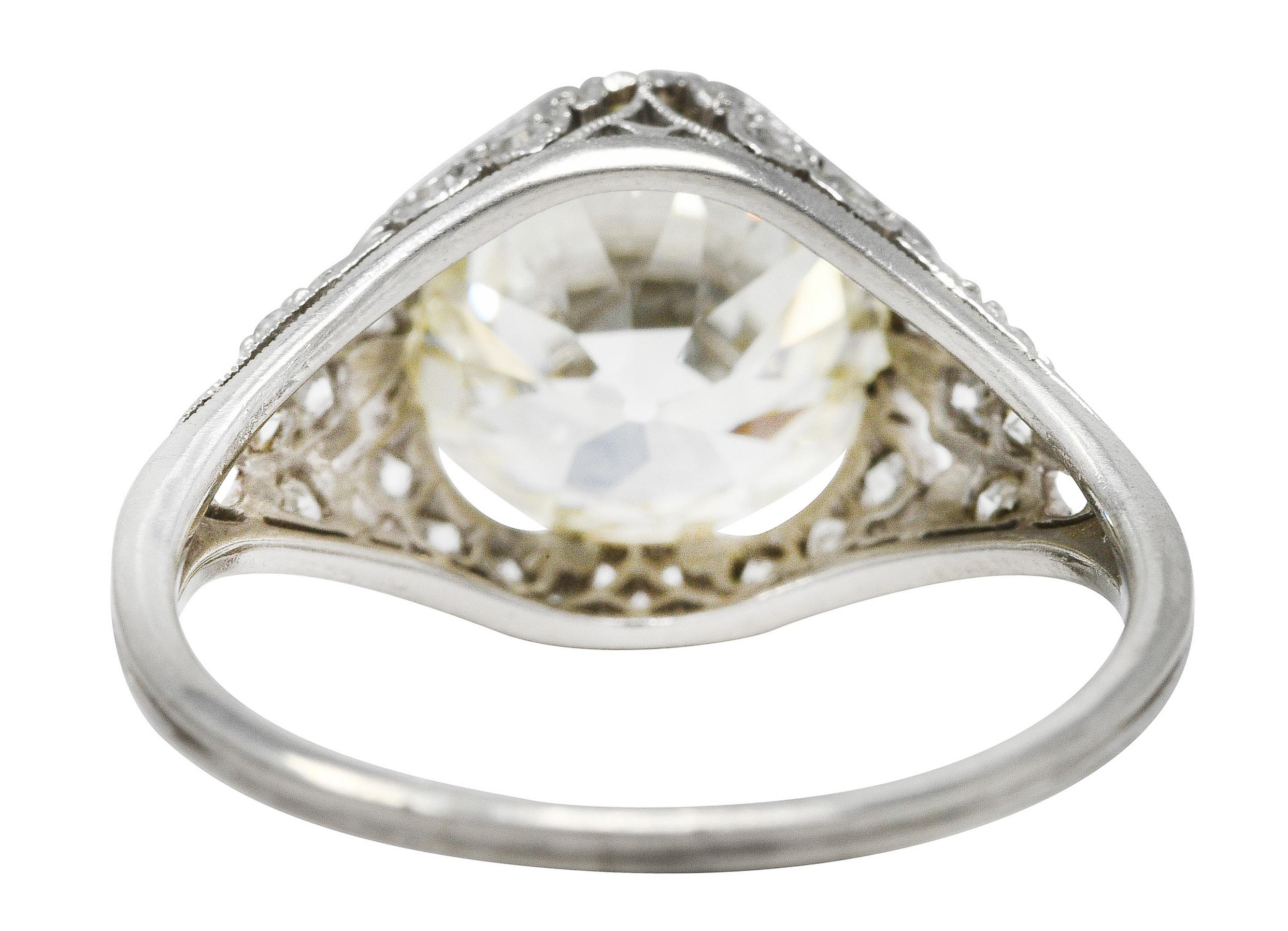 Edwardian 3.36 Carats Old European Cut Diamond Platinum Foliate Engagement Ring  In Excellent Condition In Philadelphia, PA