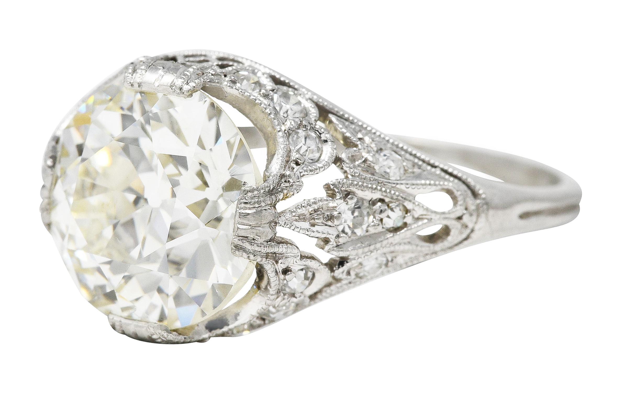 Edwardian 3.36 Carats Old European Cut Diamond Platinum Foliate Engagement Ring  1