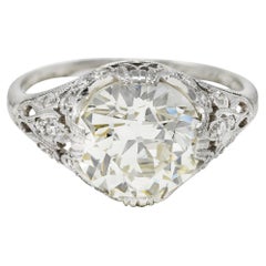 Edwardian 3.36 Carats Old European Cut Diamond Platinum Foliate Engagement Ring 