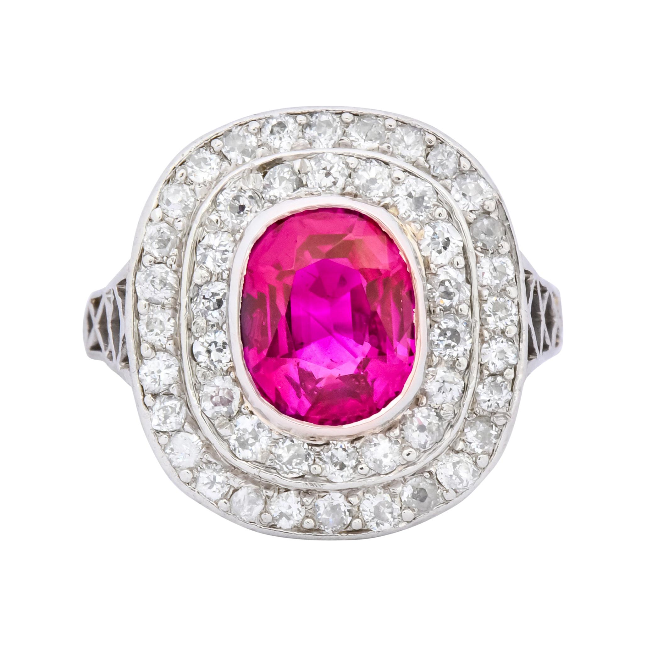 Edwardian 3.37 Carat No Heat Burma Ruby Diamond Halo Platinum Cluster Ring AGL