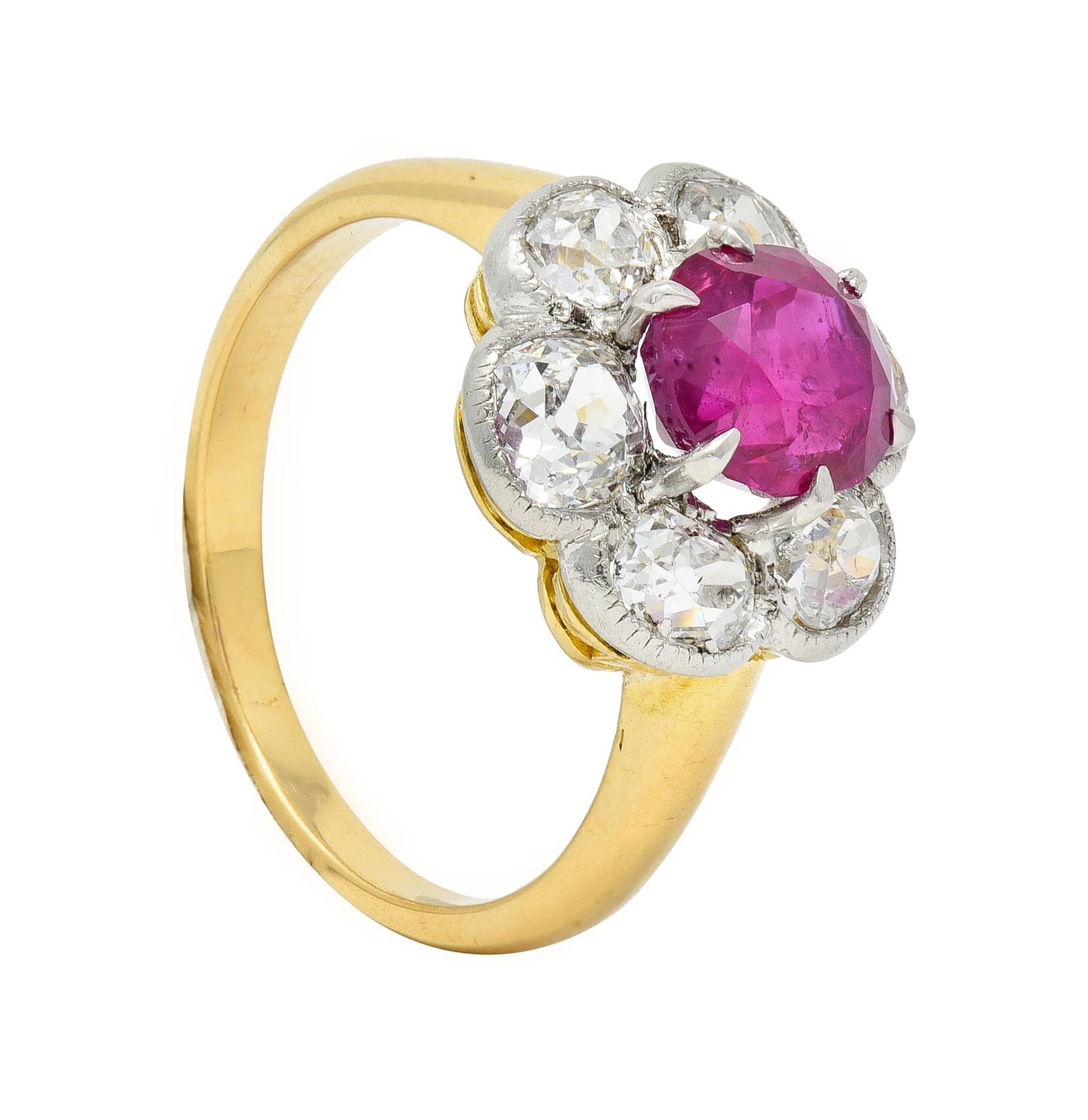 Edwardian 3.39 CTW No Heat Burma Ruby Diamond Platinum 18 Karat Cluster Ring GIA For Sale 5