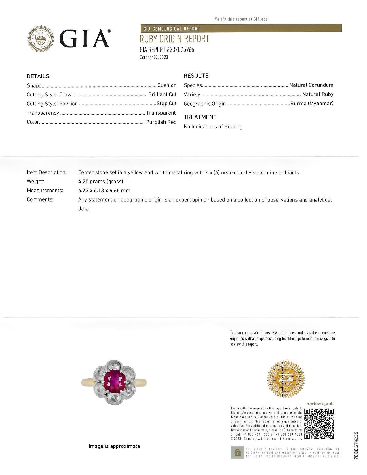 Bague Edwardienne 3.39 CTW No Heat Burma Ruby Diamond Platinum 18 Karat Cluster GIA en vente 8