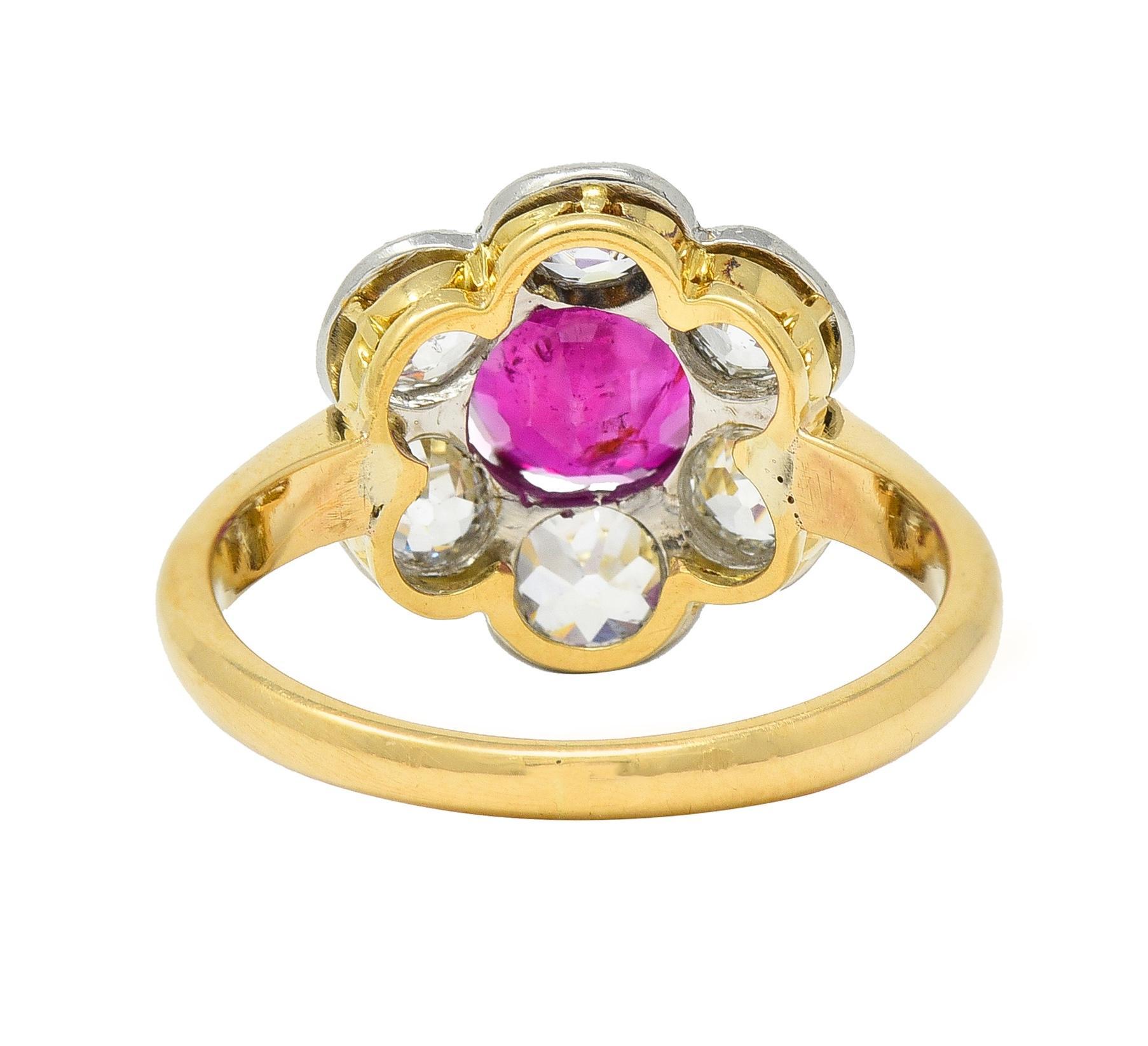 Edwardian 3.39 CTW No Heat Burma Ruby Diamond Platinum 18 Karat Cluster Ring GIA In Excellent Condition For Sale In Philadelphia, PA