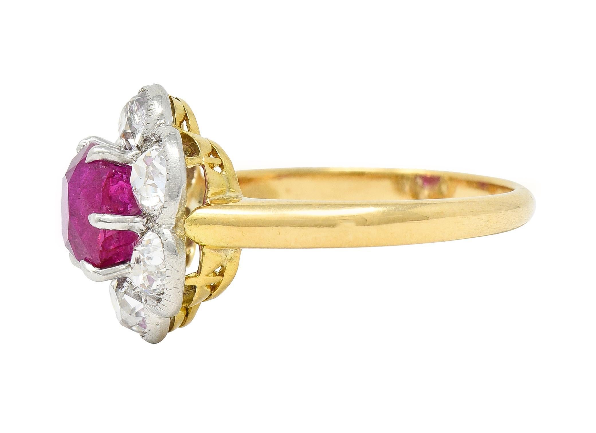 Women's or Men's Edwardian 3.39 CTW No Heat Burma Ruby Diamond Platinum 18 Karat Cluster Ring GIA For Sale