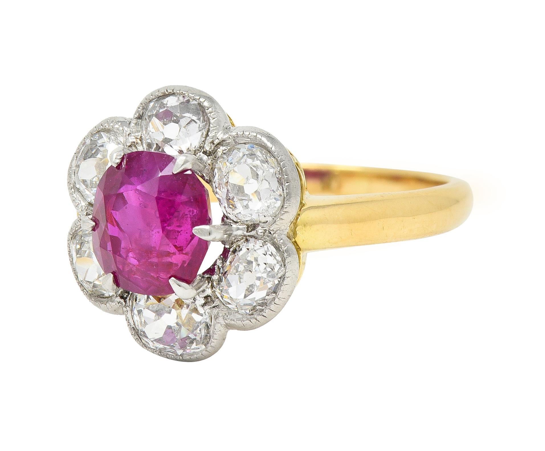 Edwardian 3.39 CTW No Heat Burma Ruby Diamond Platinum 18 Karat Cluster Ring GIA For Sale 1