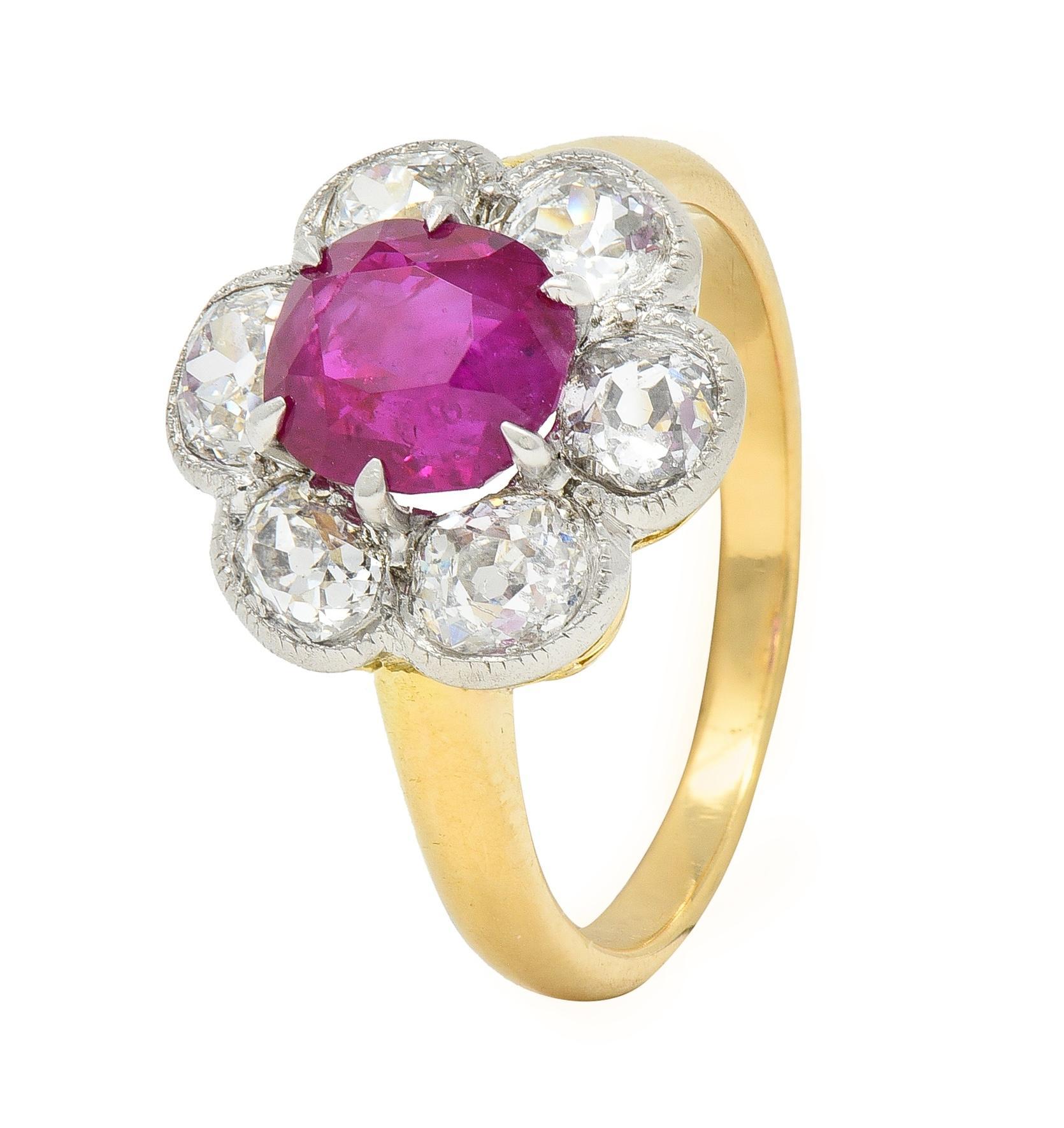 Edwardian 3.39 CTW No Heat Burma Ruby Diamond Platinum 18 Karat Cluster Ring GIA For Sale 2