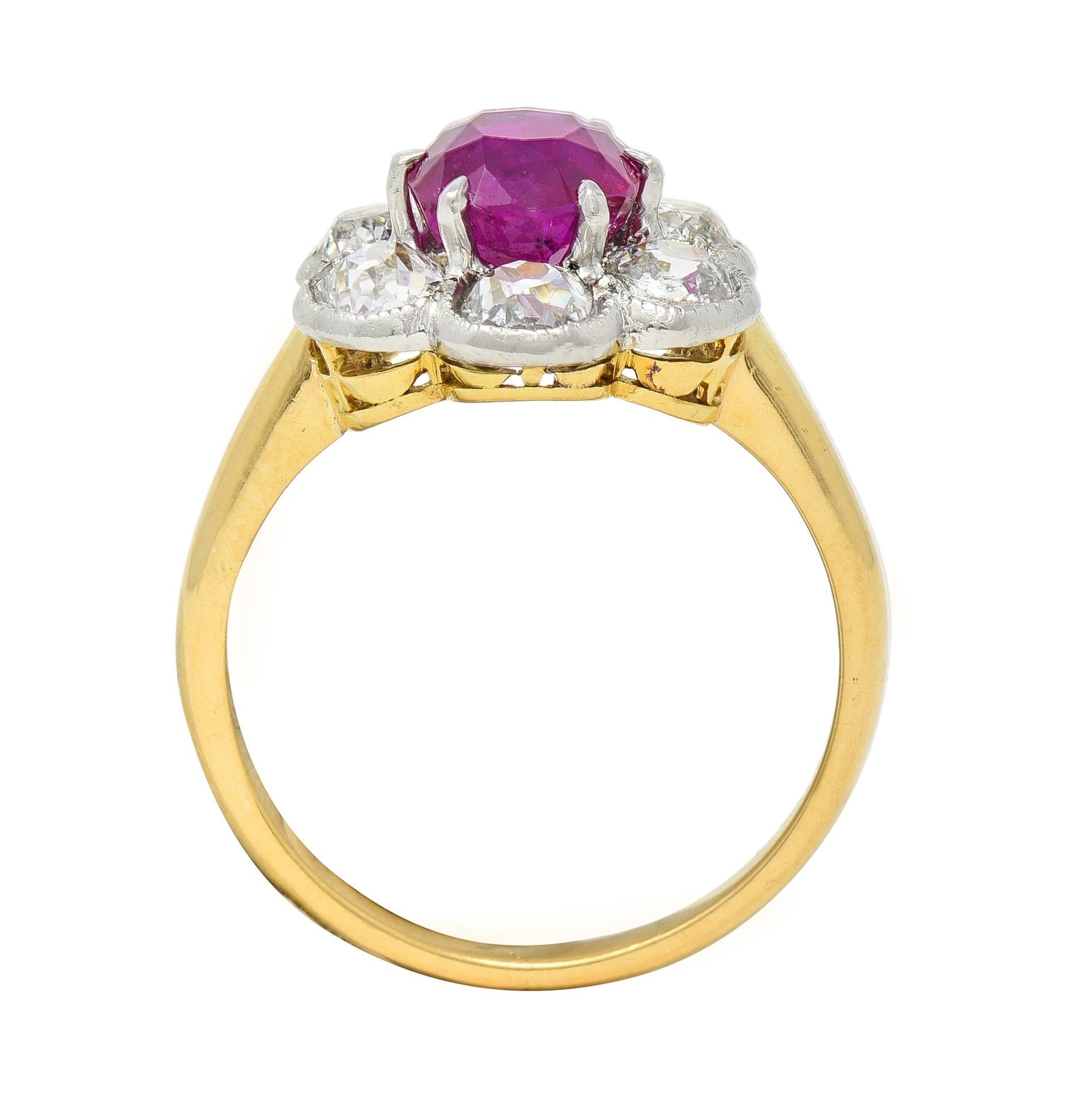 Edwardian 3.39 CTW No Heat Burma Ruby Diamond Platinum 18 Karat Cluster Ring GIA For Sale 4