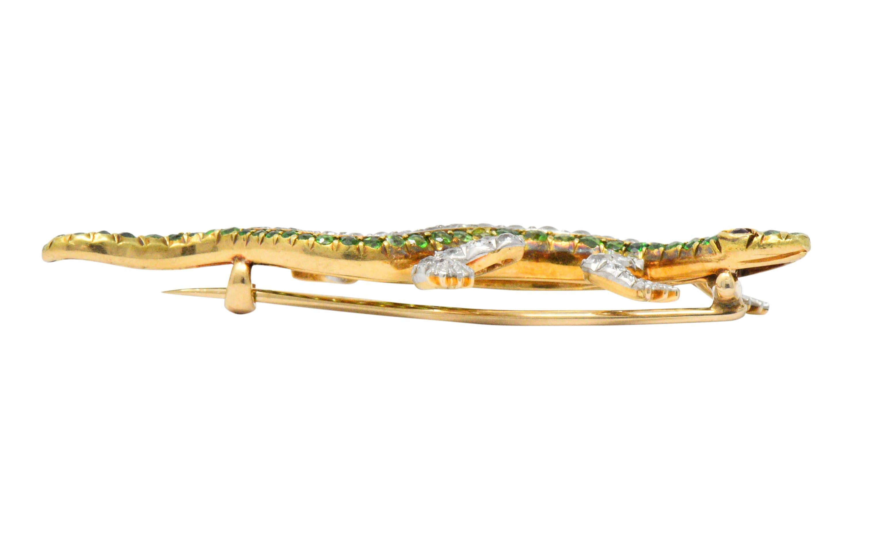 Edwardian 3.40 Carat Diamond Demantoid Garnet Ruby Platinum Gold Lizard Brooch 1
