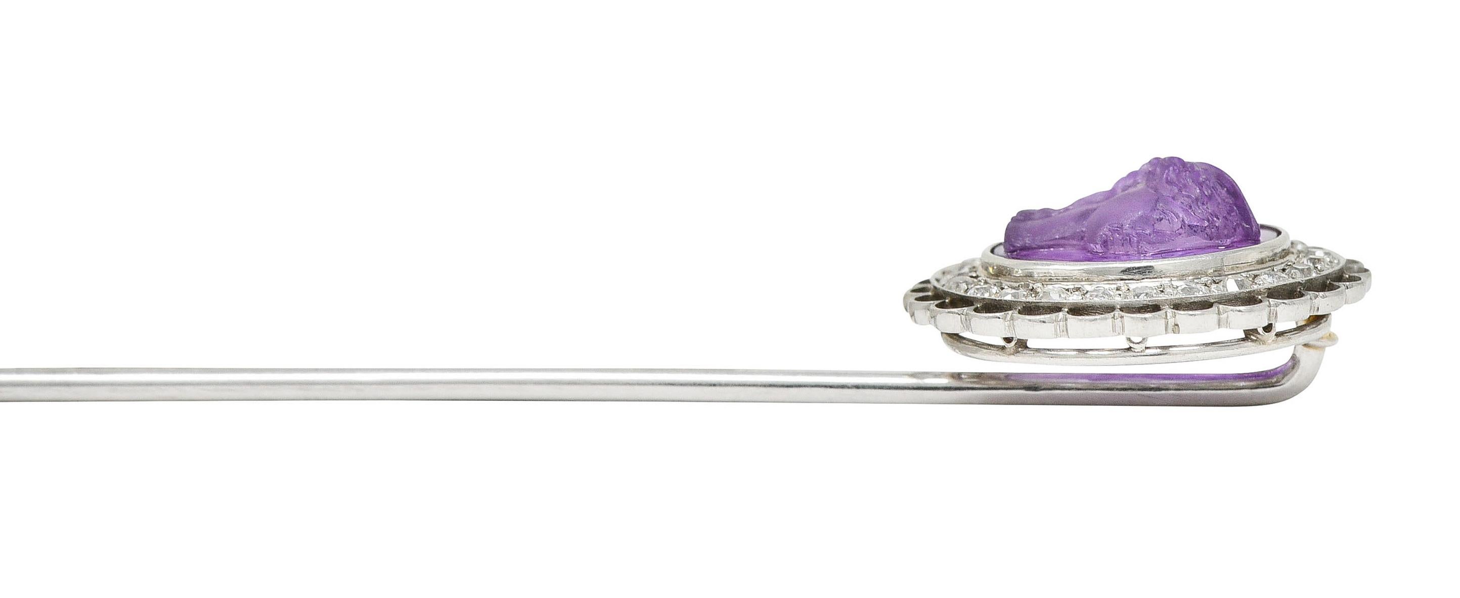 Edwardian 3.40 Carats Diamond Purple Sapphire Platinum Cameo Stickpin 2