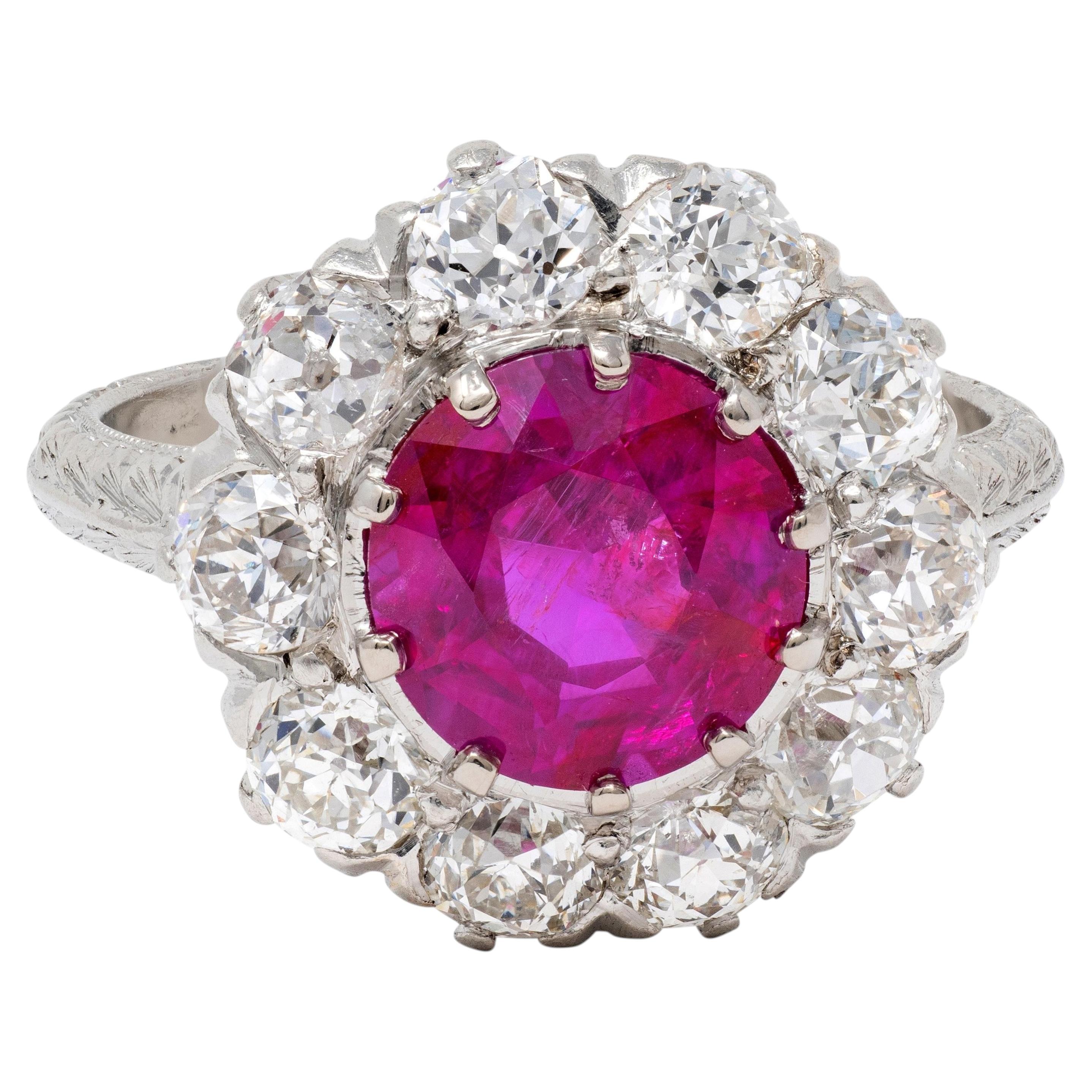 Edwardian 3.47 CTW No Heat Burma Ruby Diamond Platinum Antique Fanning Halo Ring