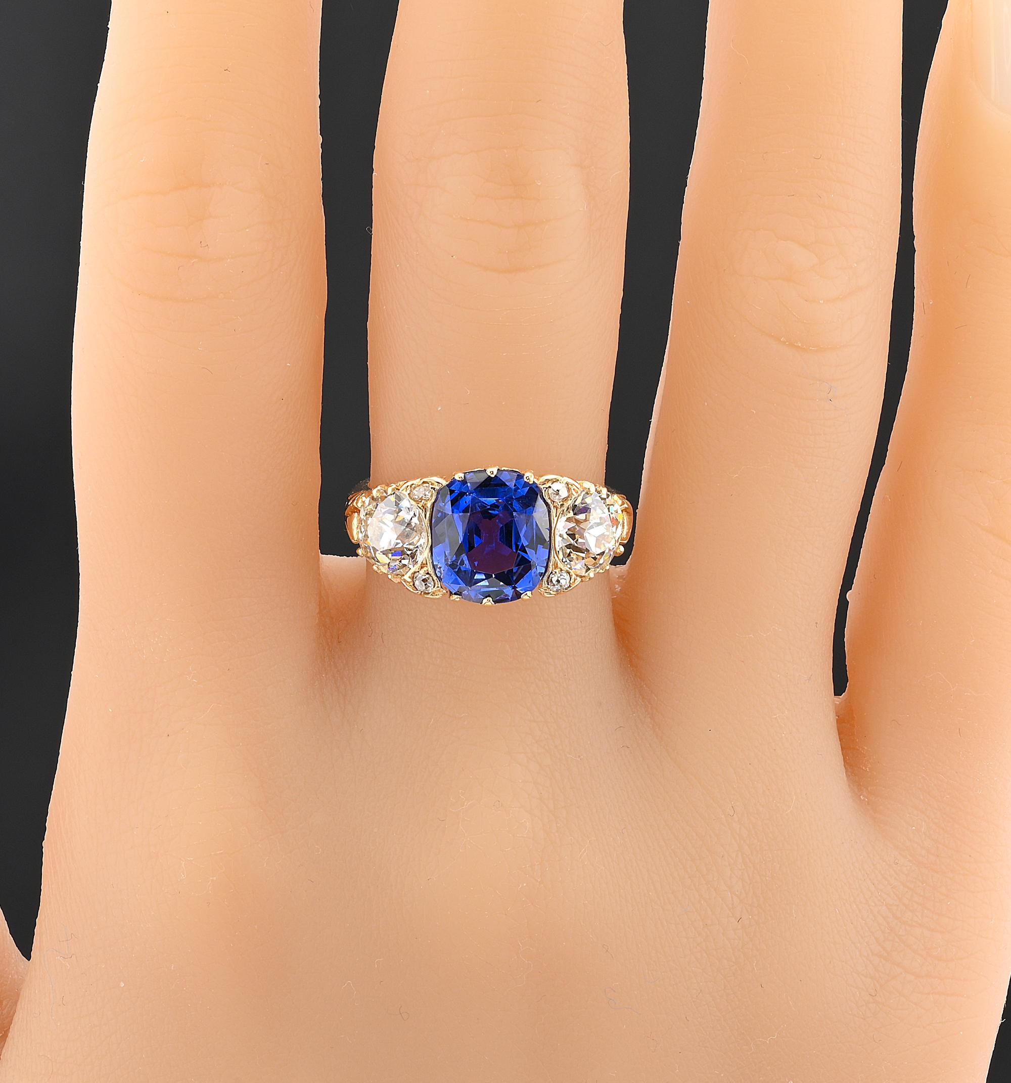 Edwardian 3.48 Ct NO Heat Ceylon Sapphire 2.25 Ct Diamond Plus Trilogy Ring For Sale 5