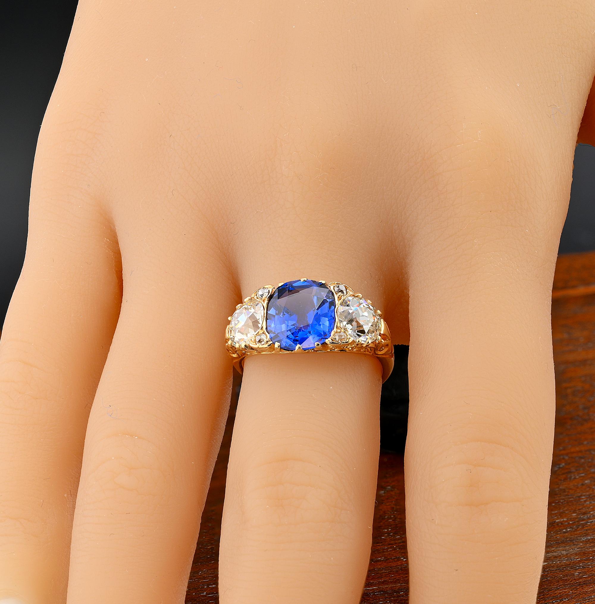 Edwardian 3.48 Ct NO Heat Ceylon Sapphire 2.25 Ct Diamond Plus Trilogy Ring For Sale 6
