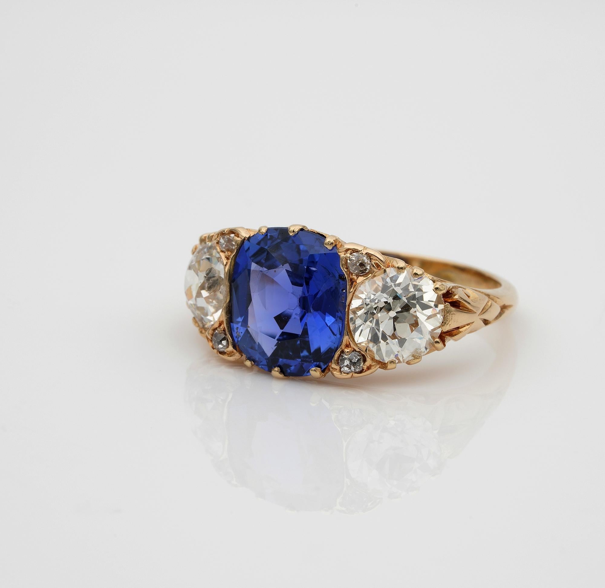 Women's or Men's Edwardian 3.48 Ct NO Heat Ceylon Sapphire 2.25 Ct Diamond Plus Trilogy Ring For Sale